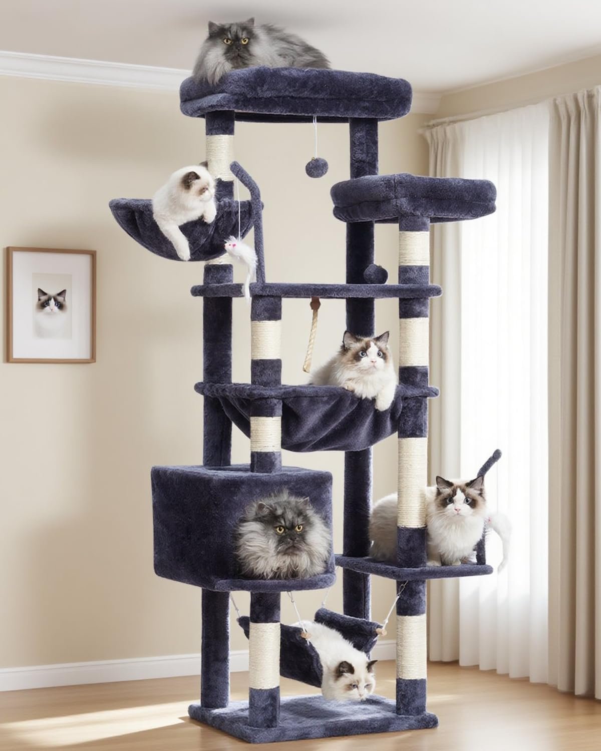 Gitelsnour Cat Tree, Cat Tower for Large Cats with 2 Big Platforms, 2 Baskets, condo and Toys, 63″ Cat Scratching Posts for Indoor Cats, Smoky Gray GCT020G