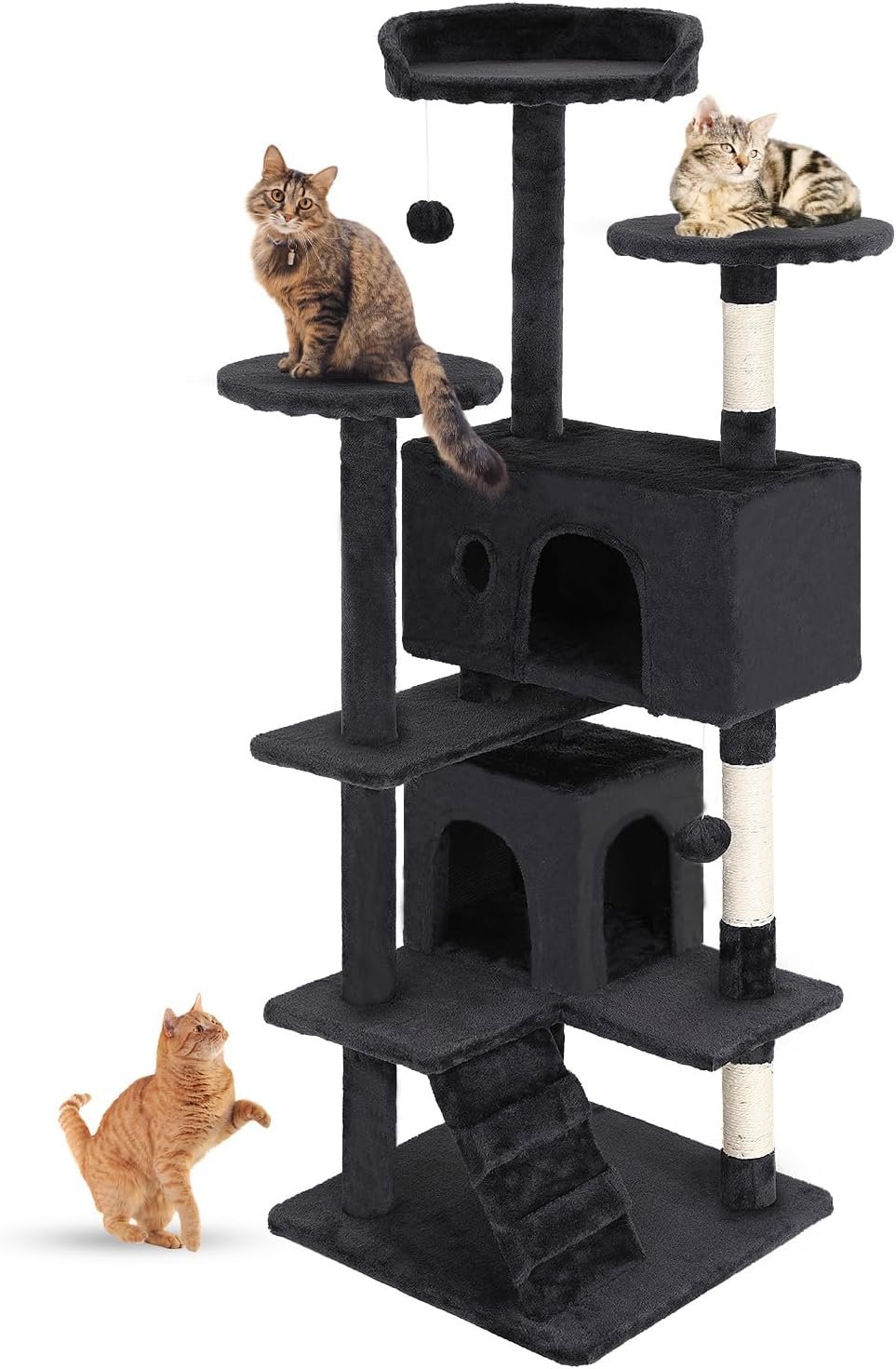 FDW | 54″ Cat Tree Tower | Dark Gray | Multi-Level Indoor Activity Center with Sisal Scratching Posts, Condos, Plush Perches, Hanging Cat Toys | Sturdy, Easy to Assemble | for Kittens & Adult Cats