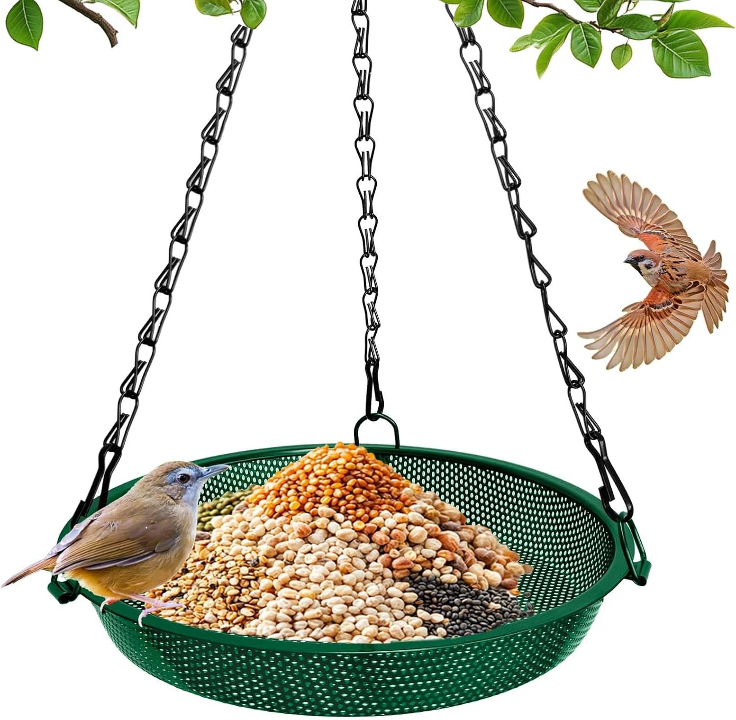 Hanging Bird Feeder for Outdoors – 9 in Metal Mesh Bird Feeder Tray Platform for Finches, Chickadees & Small Birds, Green
