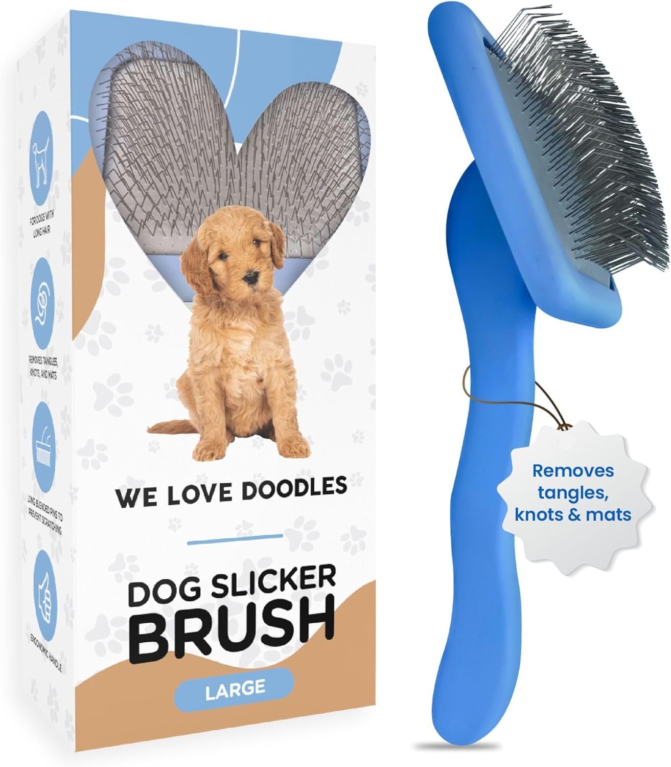 Slicker Brush for Dogs, Dog Grooming Supplies – Best Doodle & Poodle Brush for Haired Dogs – Goldendoodle Pin Detangler for Dematting (Large Curved)