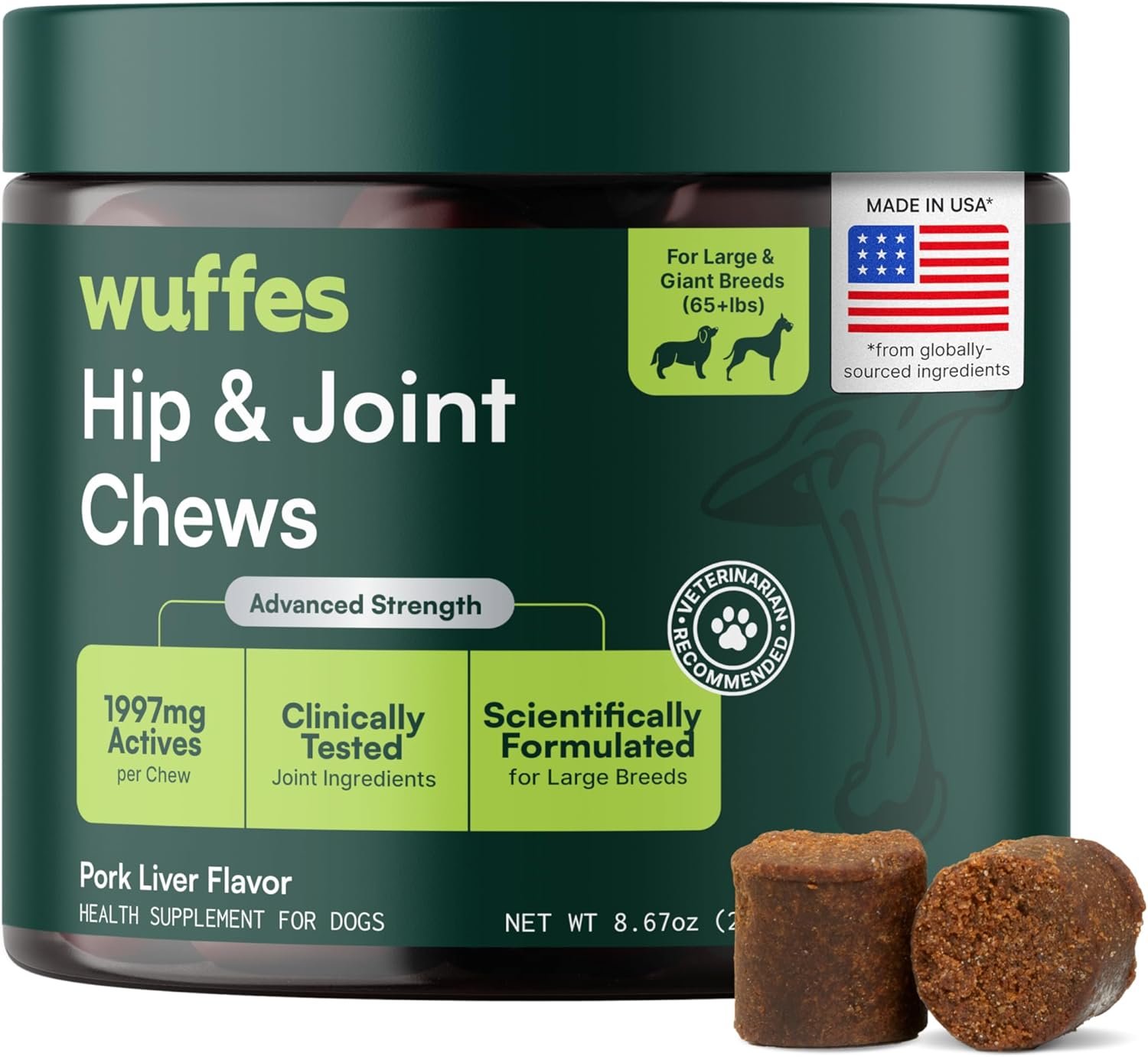 Wuffes Advanced Dog Hip and Joint Supplement with Glucosamine, Chondroitin, Omega 3, MSM, and Green Lipped Mussel, 30 Pork Flavored Chews for Large Dog Breeds