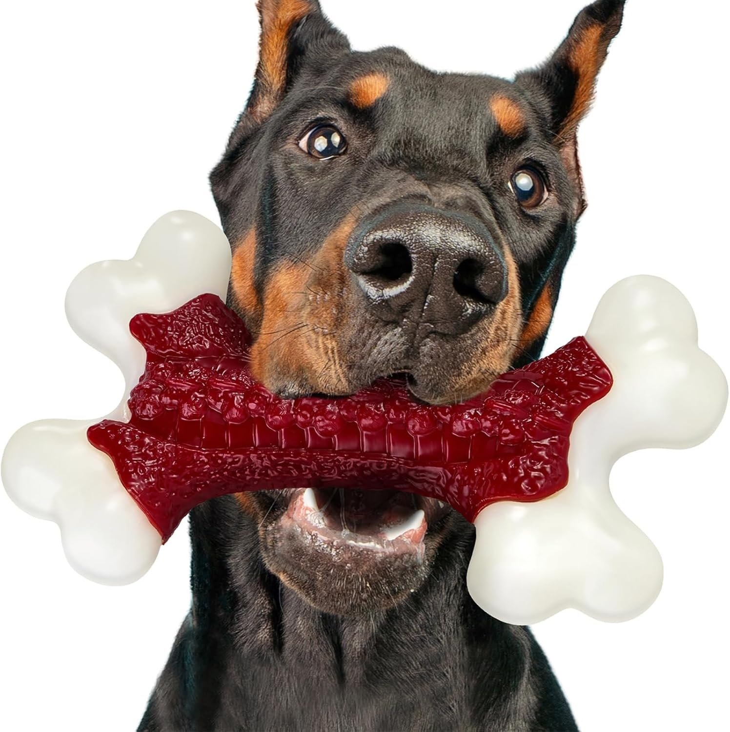 Kseroo Indestructible Dog Toys for Aggressive Chewers: Beef Flavored Hard Nylon Bone Chew Toys for Medium Large Breed Dogs (20-90 lbs), Red