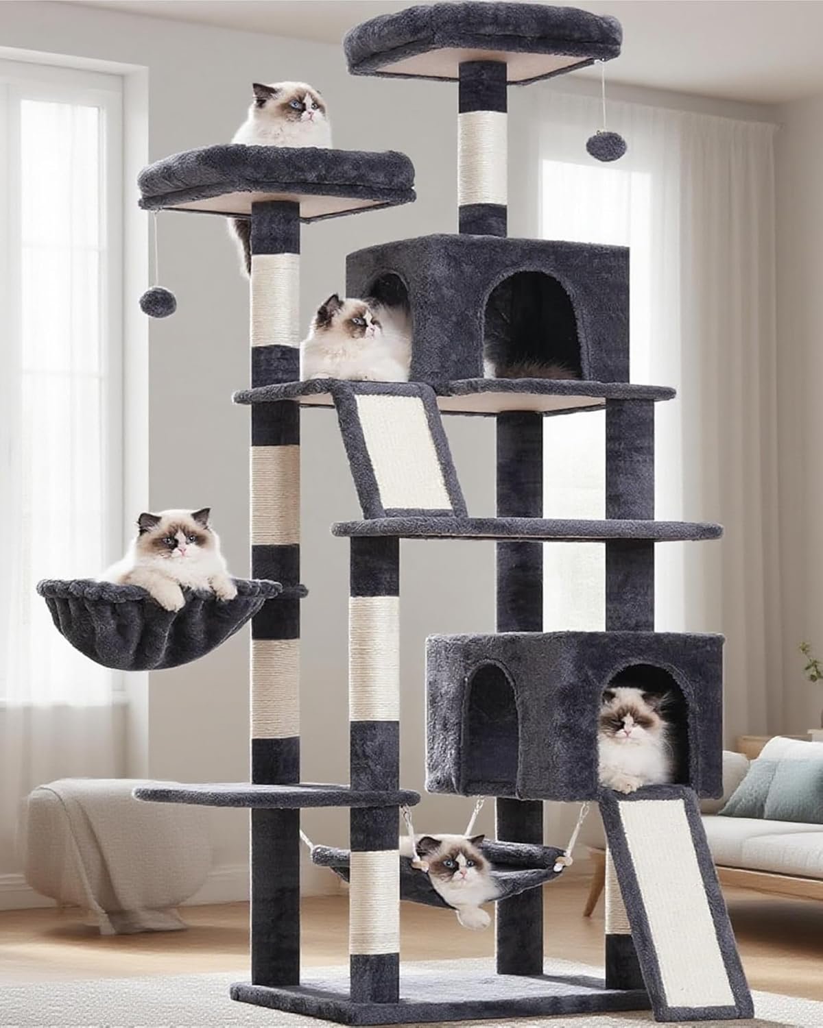 Gitelsnour Cat Tree for Indoor Cats, 71” (180cm) Multi-Level Cat Tower for Large Adult, Sturdy Cat Tree House with 2 Scratching Boards 7 Posts, 2 Plush Perches/Condos, Hammock, Smoky Gray GCT032G