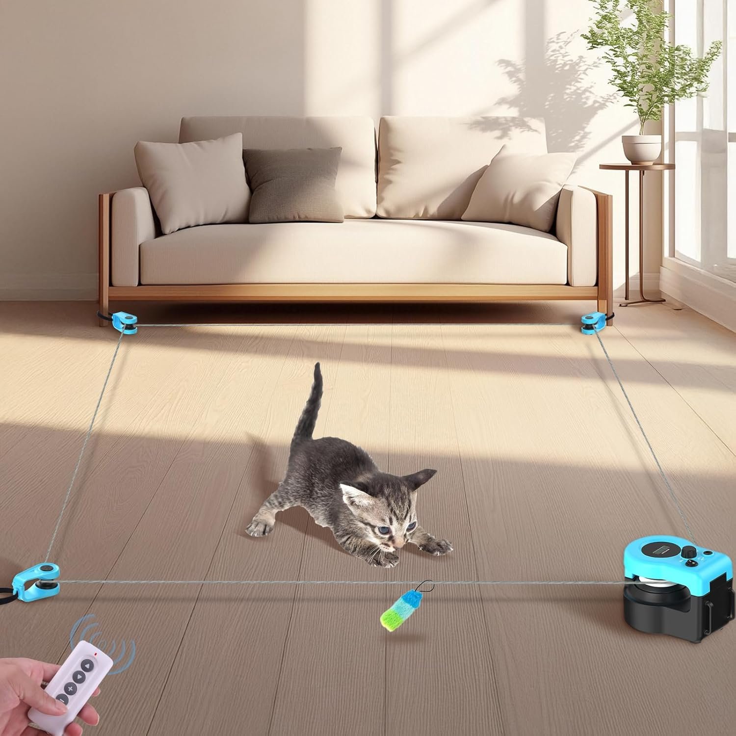 Interactive Cat Toy for Indoor – Automatic Cat Treadmill with Remote Control, 3 Speeds, Quiet Motor & Durable Design | Indoor Chase Hunting Feather Toys for Fitness, Playtime & Energy Release (Blue)