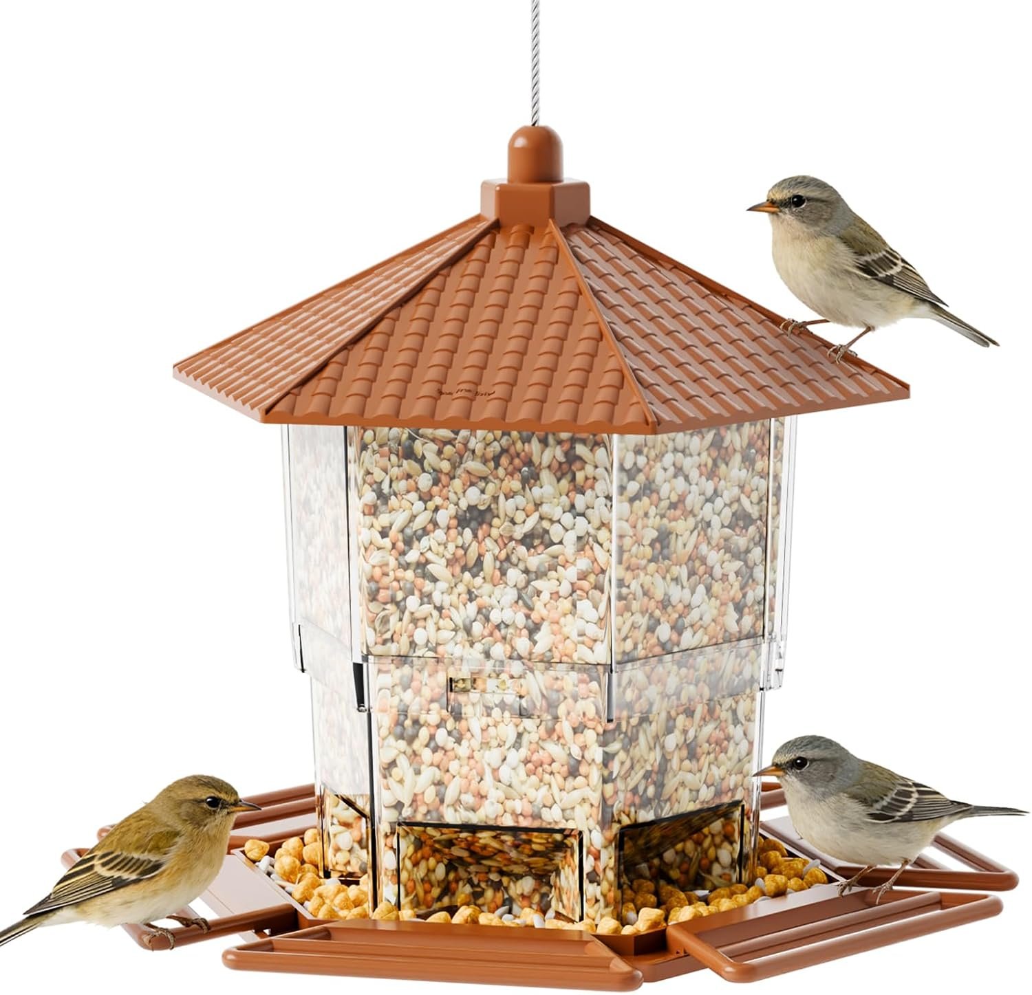 Yieach Hopper Bird Feeders for Outdoors Hanging,Large Birdfeeders for Outside Squirrel Proof,Covered Bird Seed Feeder for Outside,Plastic Wild Bird Feeder for Blue Jay,Cardinal,Garden Decoration,Brown