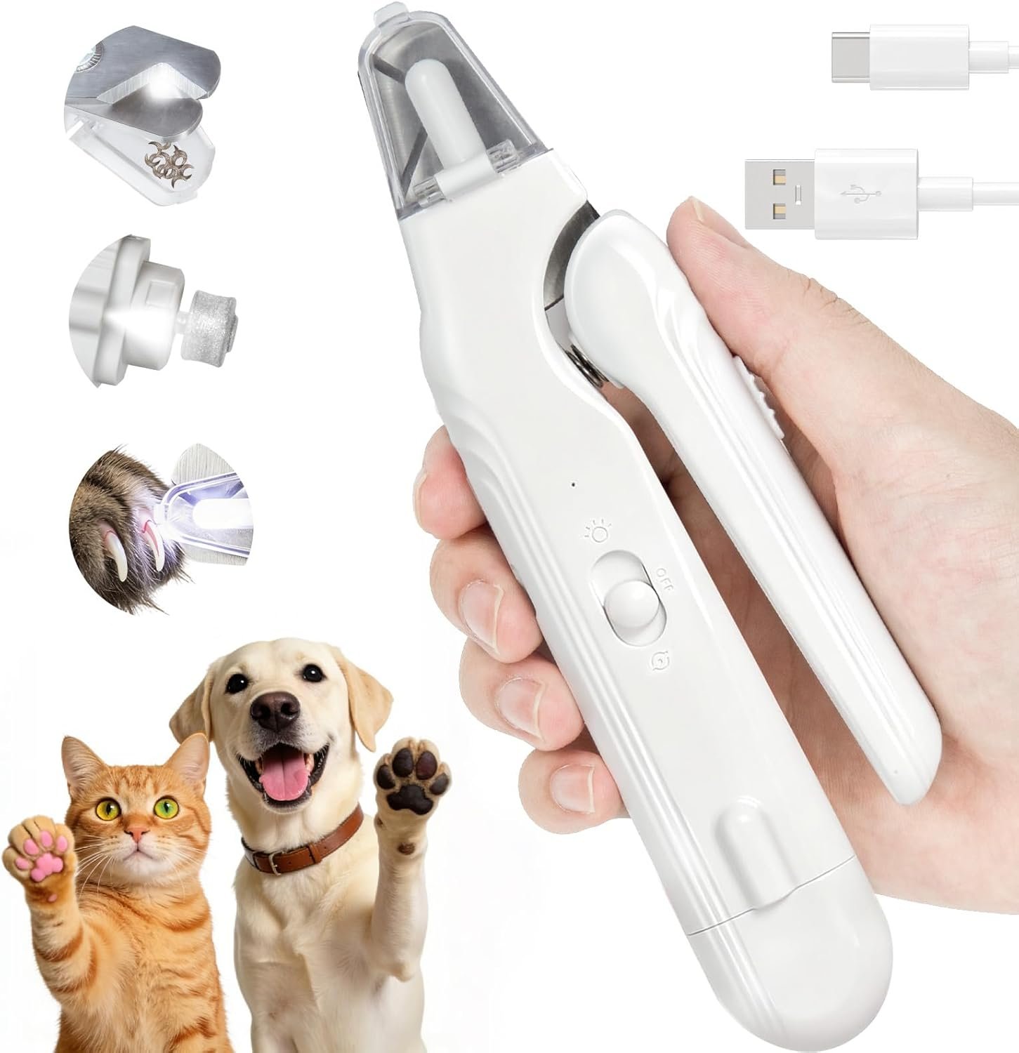 2-in-1 Dog Nail Clippers with Light – Electric Pet Nail Grinder Quiet for Small Large Dogs & Cats, LED Prevent Over Cutting, USB-C Rechargeable Safety Guard Grooming Kit for Black Nails-3VX