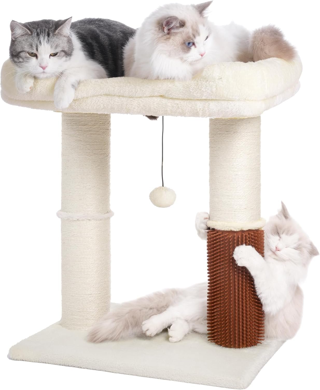 Cat Tree Tower for Large Cats Cat Scratching Post with Cat Self Groomer, 20×15.7” Wide Top Bed, Thick Scratch Post [Dia=4.5”] and Danging Ball Great for Indoor Cats-Large Beige