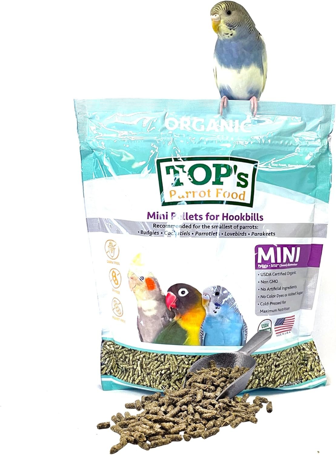 TOP’s Parrot Food Mini Pellets Bird Food for Budgies, Cockatiels, Parrotlets, Lovebirds, Parakeets – Non-GMO, Peanut Soy & Corn Free, USDA Organic Certified – 4LBS
