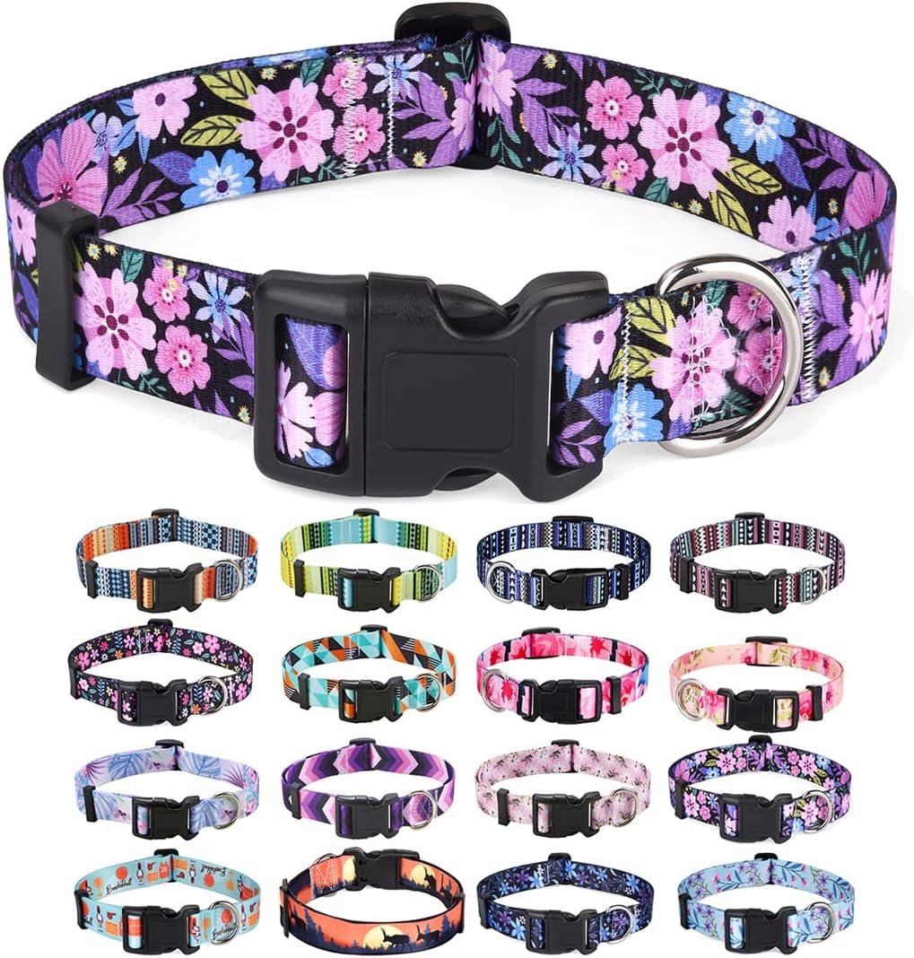 Mihqy Dog Collar with Bohemia Floral Tribal Geometric Patterns – Soft Ethnic Style Collar Adjustable for Small Medium Large Dogs(Floral Pink,L)