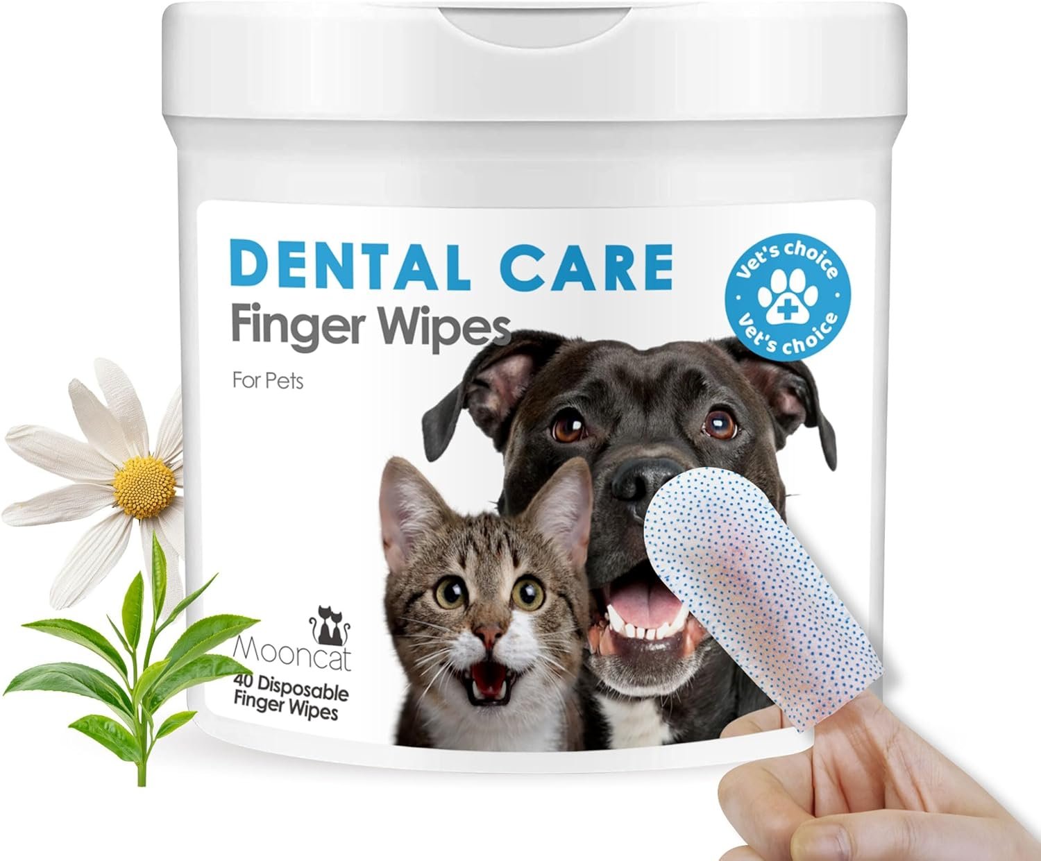 Mooncat Dental Finger Wipes for Dogs & Cats – Easy Teeth Cleaning to Remove Plaque, Tartar & Freshen Bad Breath – Gentle Tooth Wipes for Puppy & Kitten Care – 40 Counts