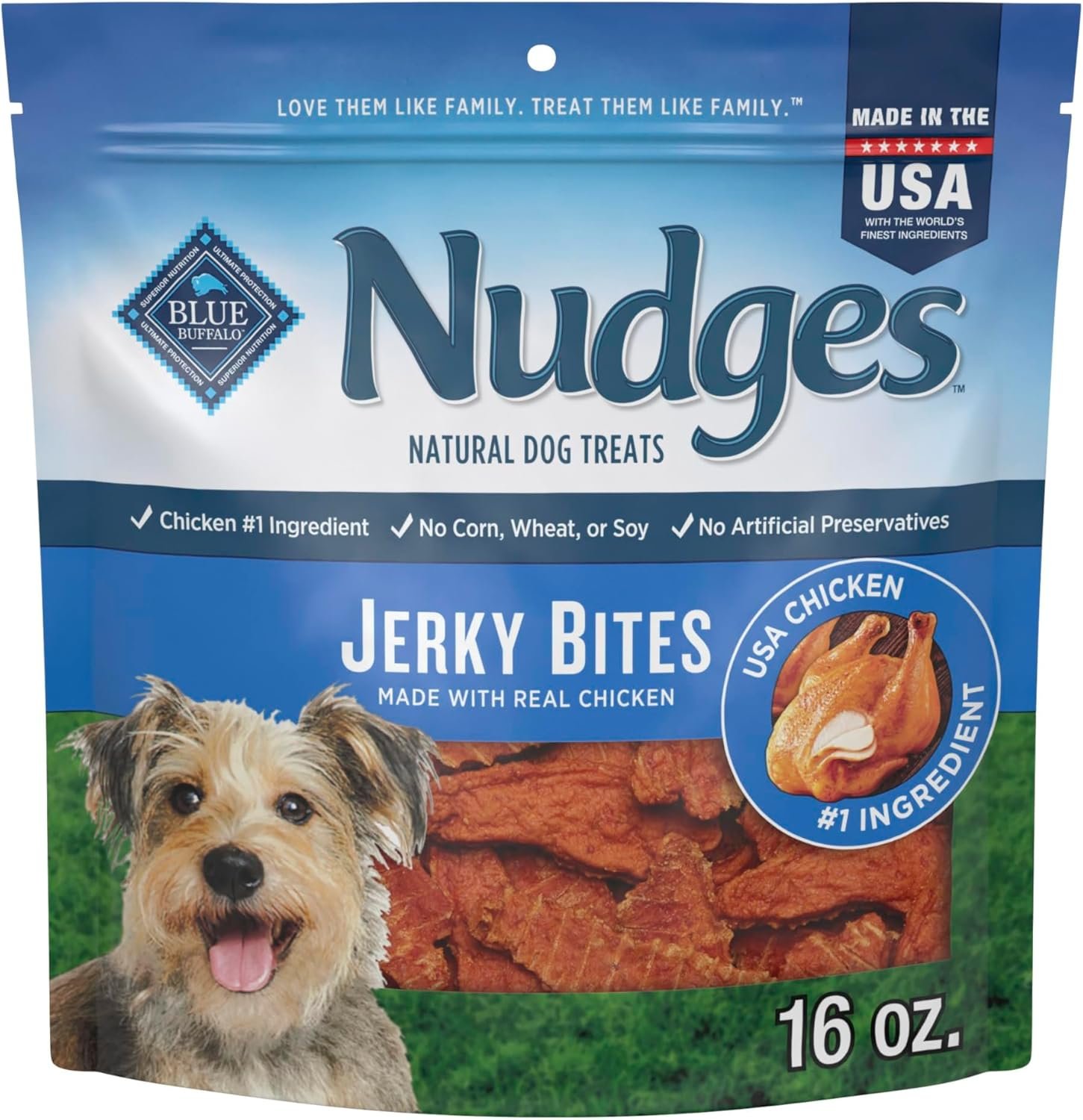 Blue Buffalo Nudges Jerky Bites Dog Treats, Made in the USA with Natural Ingredients, Bite-Sized Pieces, Chicken, 16-oz Bag