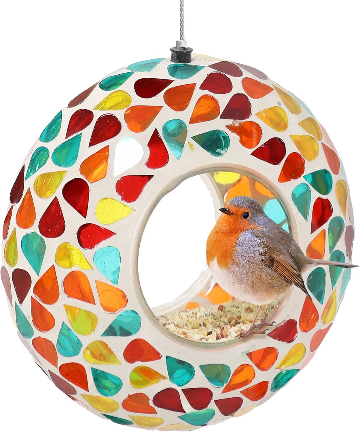 Sunnydaze 6-Inch Glass Mosaic Hanging Bird Feeder for Outdoors – Fly-Through Glass Bird Feeder for Cardinals, Jays, Finches and More – Confetti Mosaic
