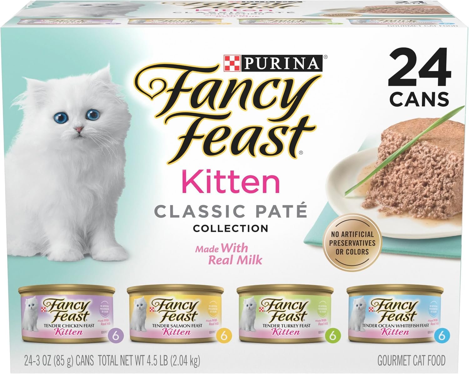 Purina Fancy Feast Tender Ocean Whitefish, Turkey, Chicken and Salmon Feasts Wet Kitten Food Variety Pack – (Pack of 24) 3 oz. Boxes