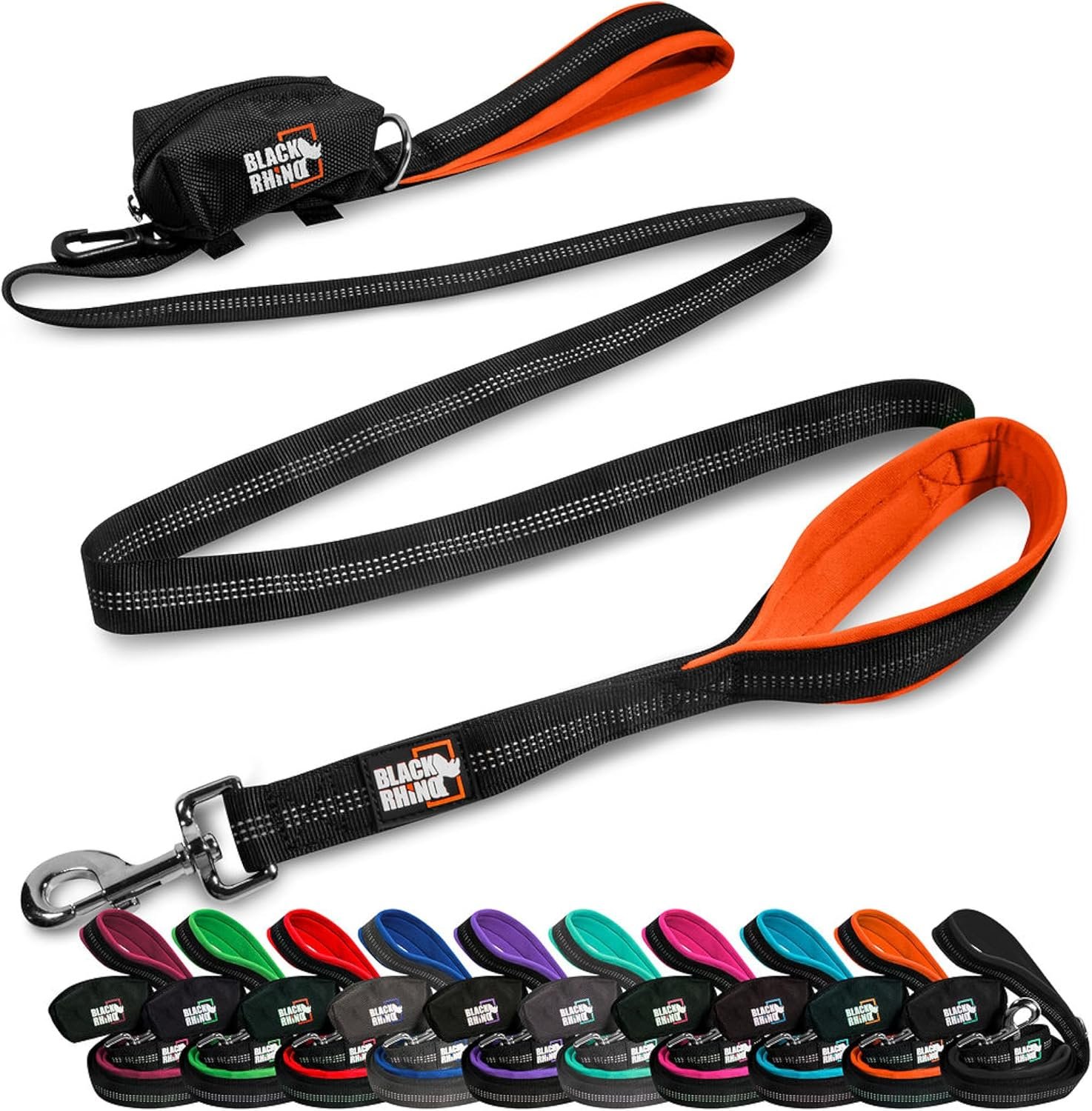 Black Rhino Heavy Duty Dog Leash for Medium and Large Dogs – 6 ft Long Double Handle Leash with Padded Traffic Control Handles and Bag – Reflective, Durable, and Weather Resistant (Orange)