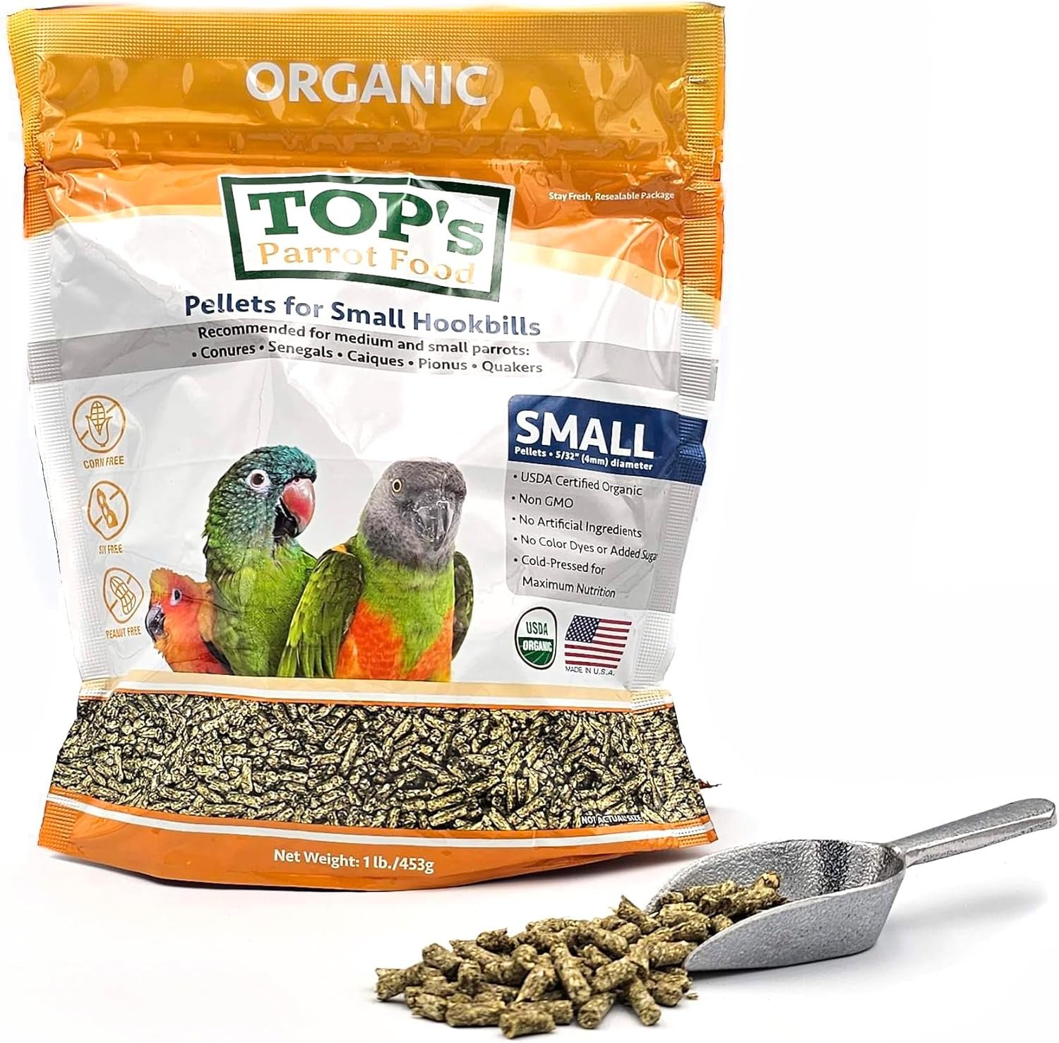 TOP’s Parrot Food Bird Pellets for Small Hookbills – Non-GMO, Peanut Soy & Corn Free, USDA Organic Certified (1lb)