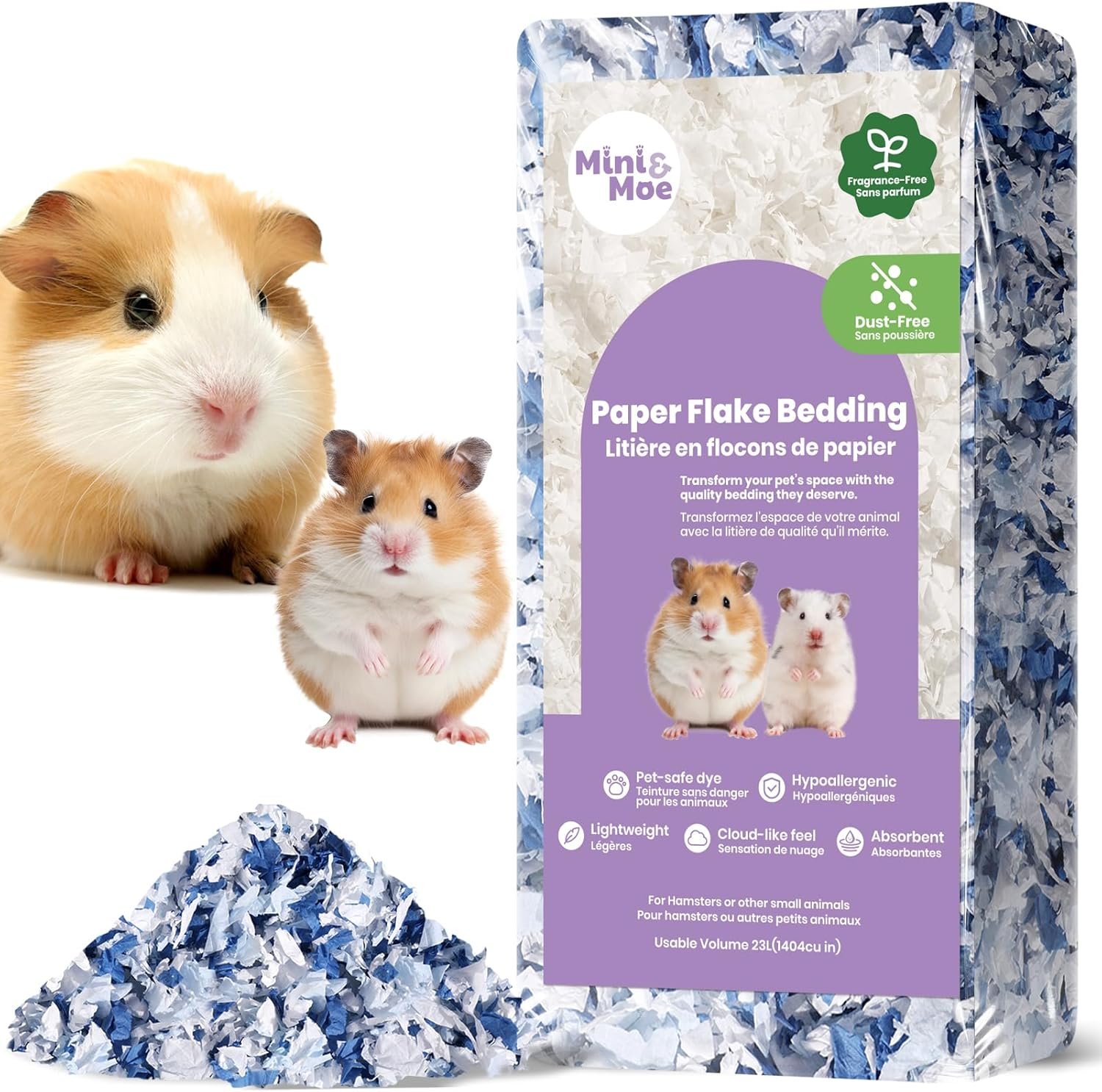 mini&moe Hamster Bedding: Dust-Free and Moisture Absorbent Odor Control Natural Paper Small Pet Bedding – for Guinea Pigs, Hamsters, and Rabbits, 12 Liters