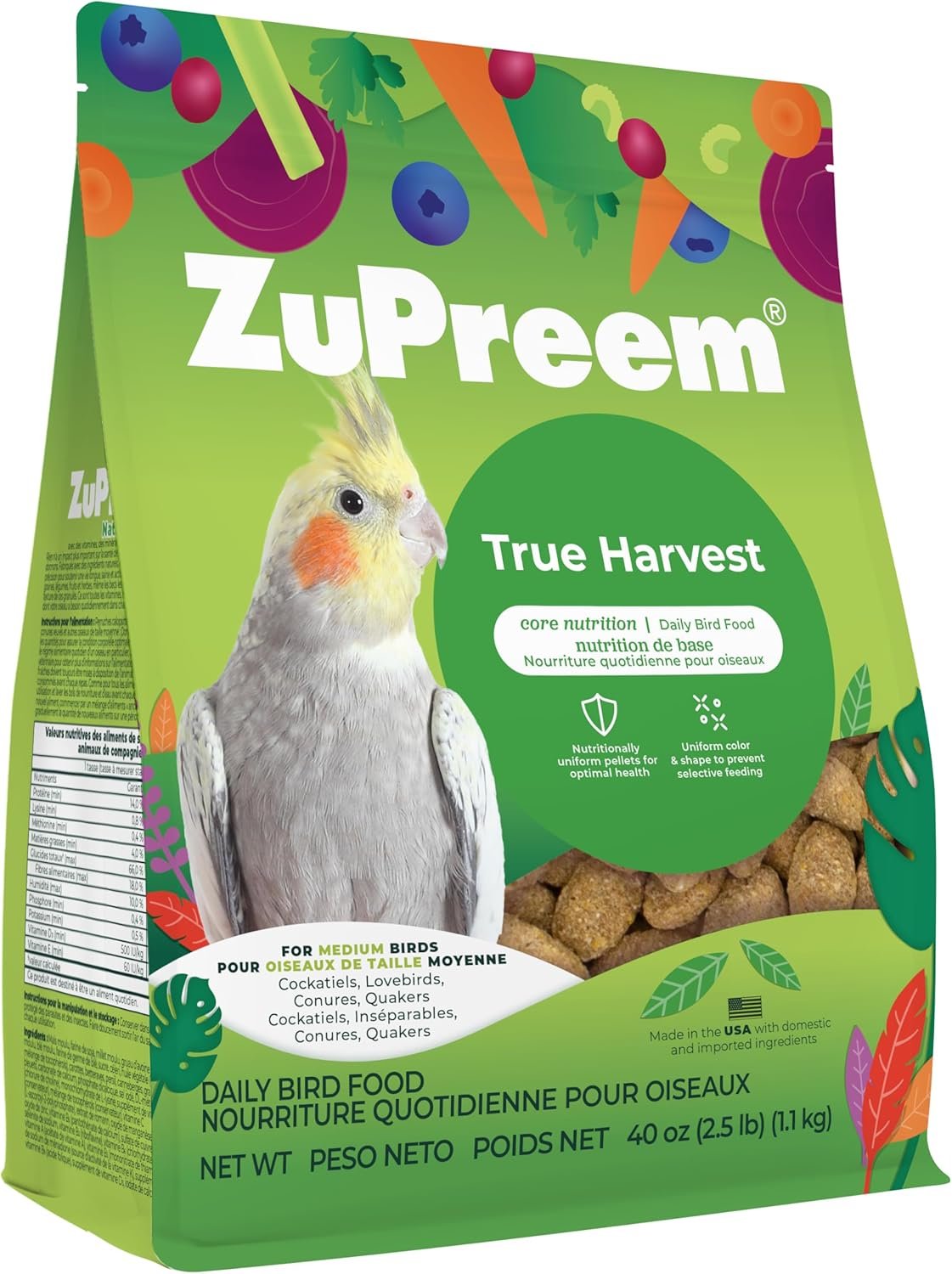 ZuPreem True Harvest Cockatiel Pellets – Natural Bird Food for Cockatiels, Medium Bird Pellet Diet for Quakers, Lovebirds, Small Conures, 2.5 lb (Pack of 2)