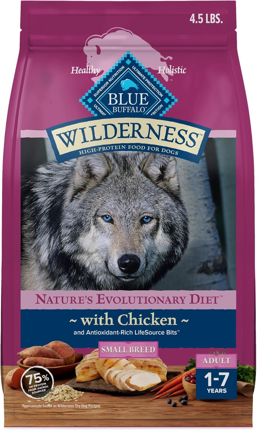 Blue Buffalo Wilderness with Chicken High Protein Dry Dog Food for Adult Small Breed Dogs, 36% Protein, Supports Immunity with Antioxidant-Rich LifeSource Bits, 4.5 lbs.