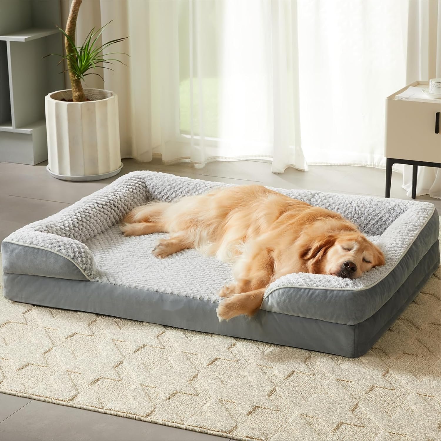 LEXTRO Orthopedic Dog Beds for Large Dogs,42×30 Inch Extra Large Dog Bed, Egg Crate Foam Bed for Large Dogs, Big Pet Bed with Washable Removable Waterproof Pillow Cover and Anti-Slip Bottom, Grey