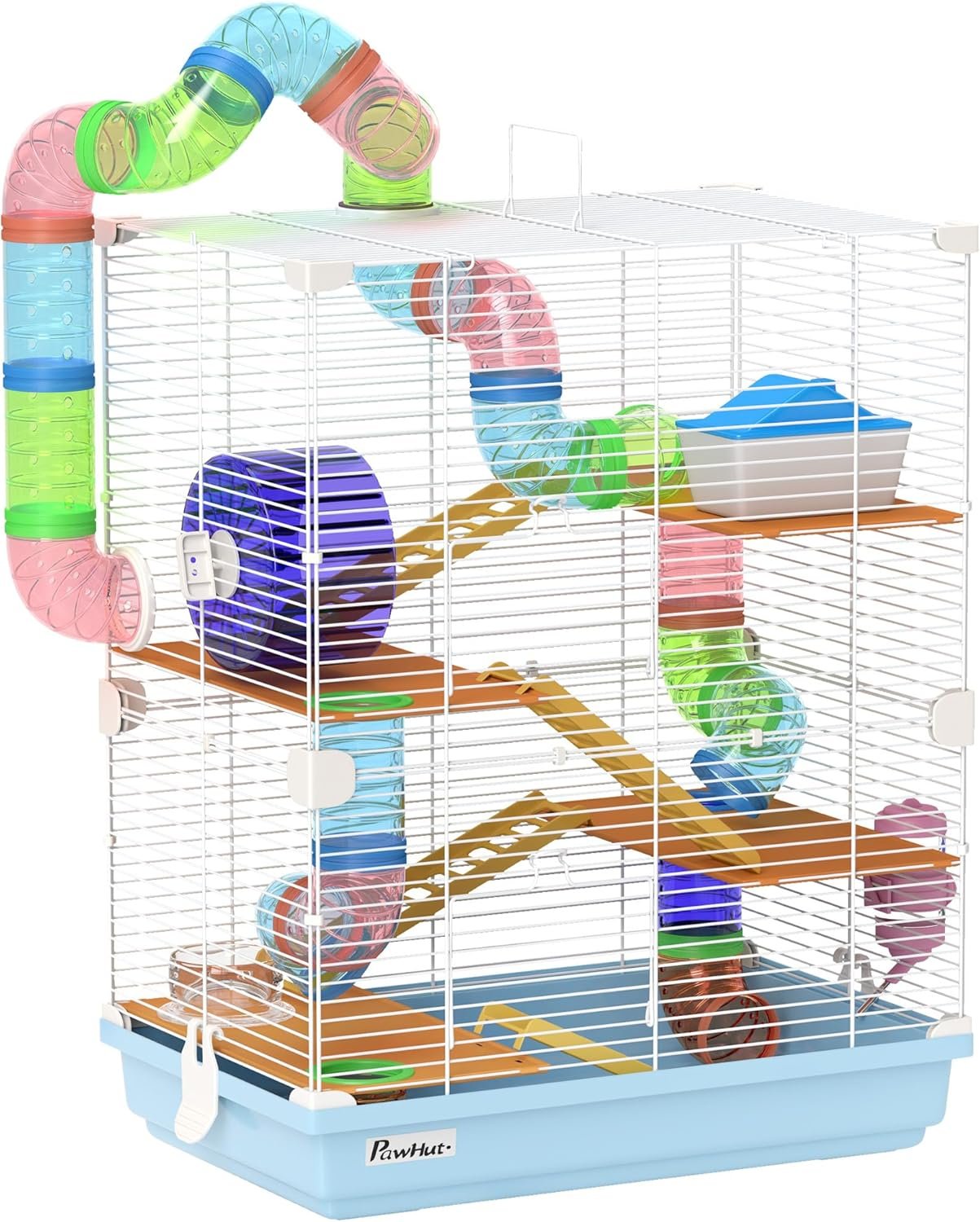 PawHut 18″ 5 Tier Hamster Cage with Tubes and Tunnels, Small Animal Cage with Portable Carry Handle, Gerbil Cage with Water Bottle, Food Dish, Exercise Wheel, Light Blue
