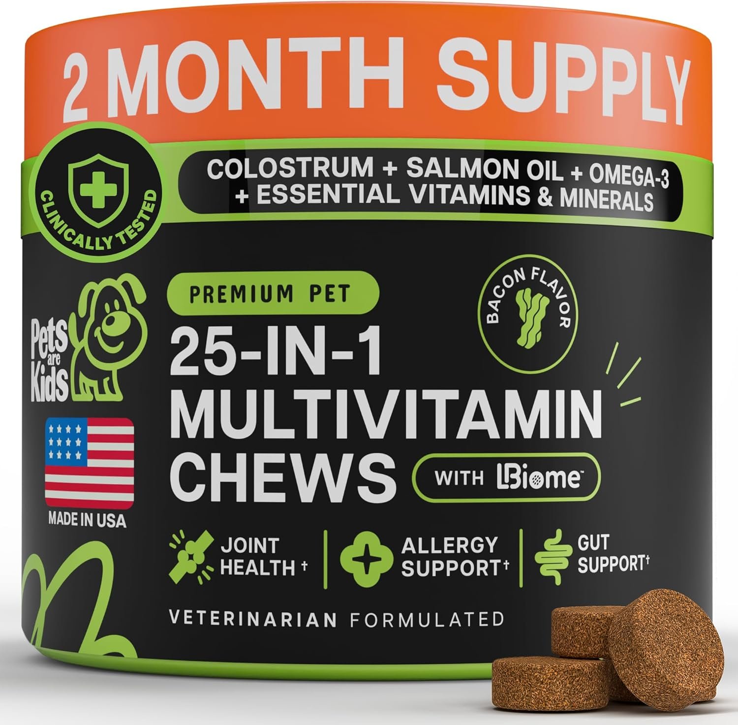 Pets are Kids 25-in-1 Dog Multivitamin – Pet Vitamins and Supplements with LBiome™, Colostrum & Salmon Oil for Gut, Allergy, Mobility & Immune Health – Bacon Flavored, Dog Supplements – 60 Chews