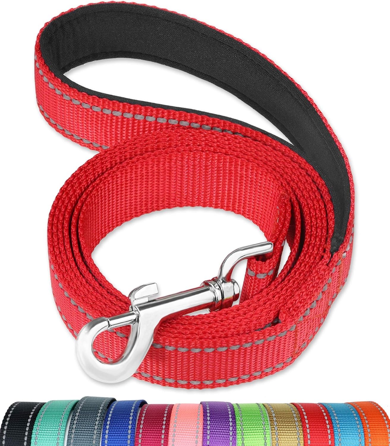 FunTags 6FT Red Reflective Dog Leash for Large & Medium Dogs Walking, Soft Padded Handle Comfortable Grip, Heavy Duty Nylon, Reflective for Night Walking, 1in Wide