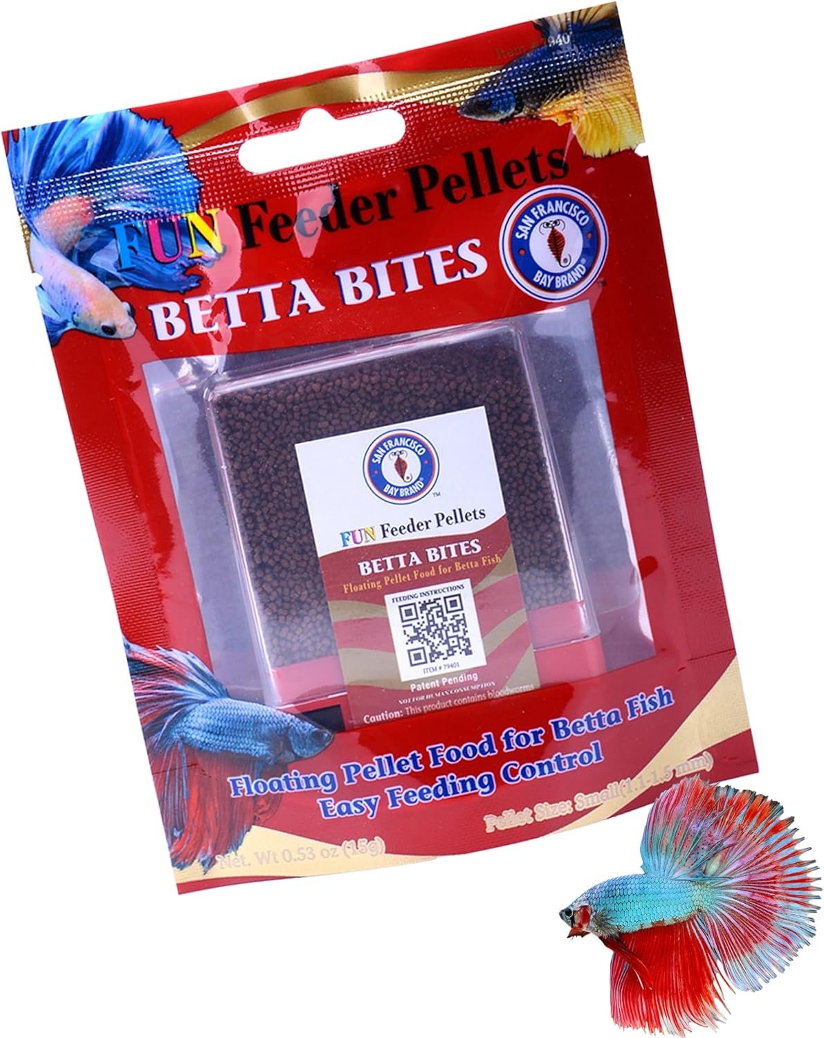 San Francisco Bay Brand Fish Food 0.53 oz – Fun Feeder Betta Bites, Floating Pellets for Betta Fish, Betta Fish Food with Bloodworms – 1.1-1.5mm Small Pellets for All Betta Fish, 15g