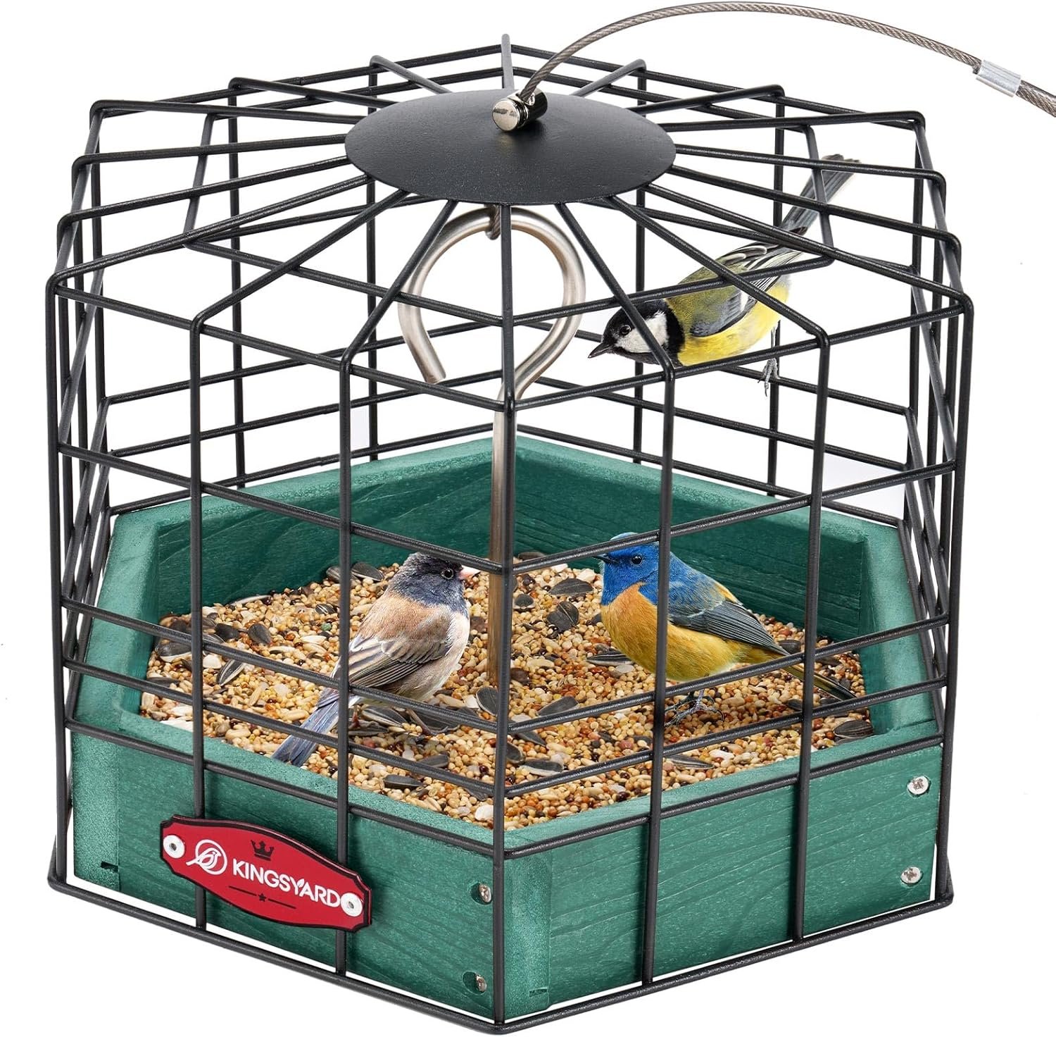 Kingsyard Squirrel Proof Platform Bird Feeders for Outdoor Hanging, 10″ Wide Metal Caged Bird Feeder for Small Wildbirds Finches, Recycled Plastic Feeding Platform with Metal Seed Tray, Green
