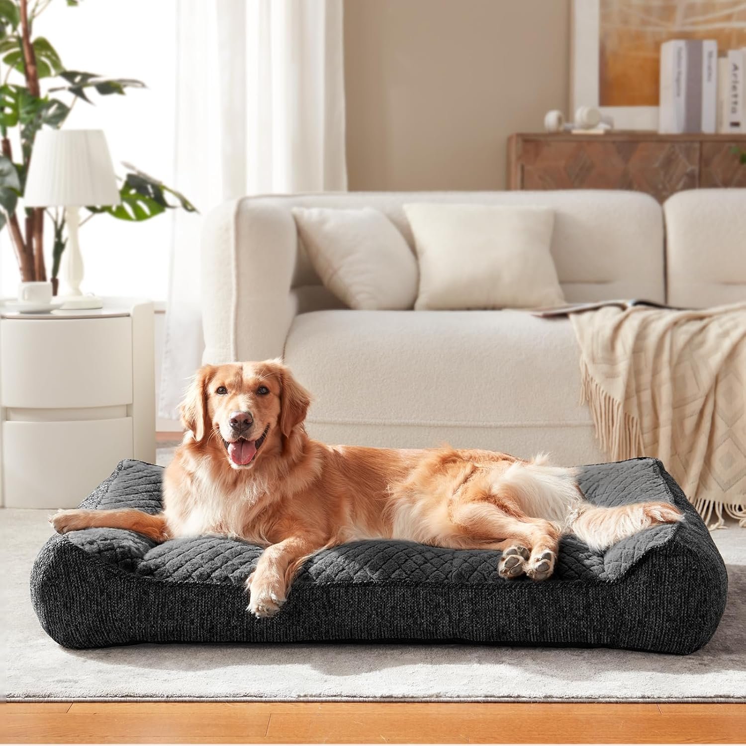 JOEJOY XL Orthopedic Dog Bed for Large Dogs Up to 80lbs – Extra Thick Foam Pet Bed Sofa with Bolster Sides, Large Sized Dog Couch Bed with Removable Washable Cover, Non-Slip Bottom, Grey (42″x30″)