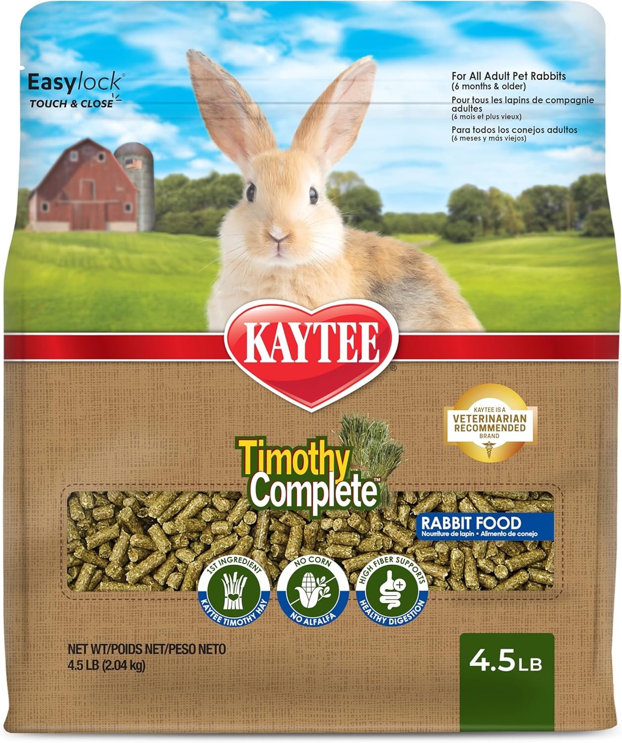 Kaytee Timothy Complete Rabbit Food, Made with Timothy Hay, High in Fiber, Supports Dental Health and Digestion, 4.5 pounds