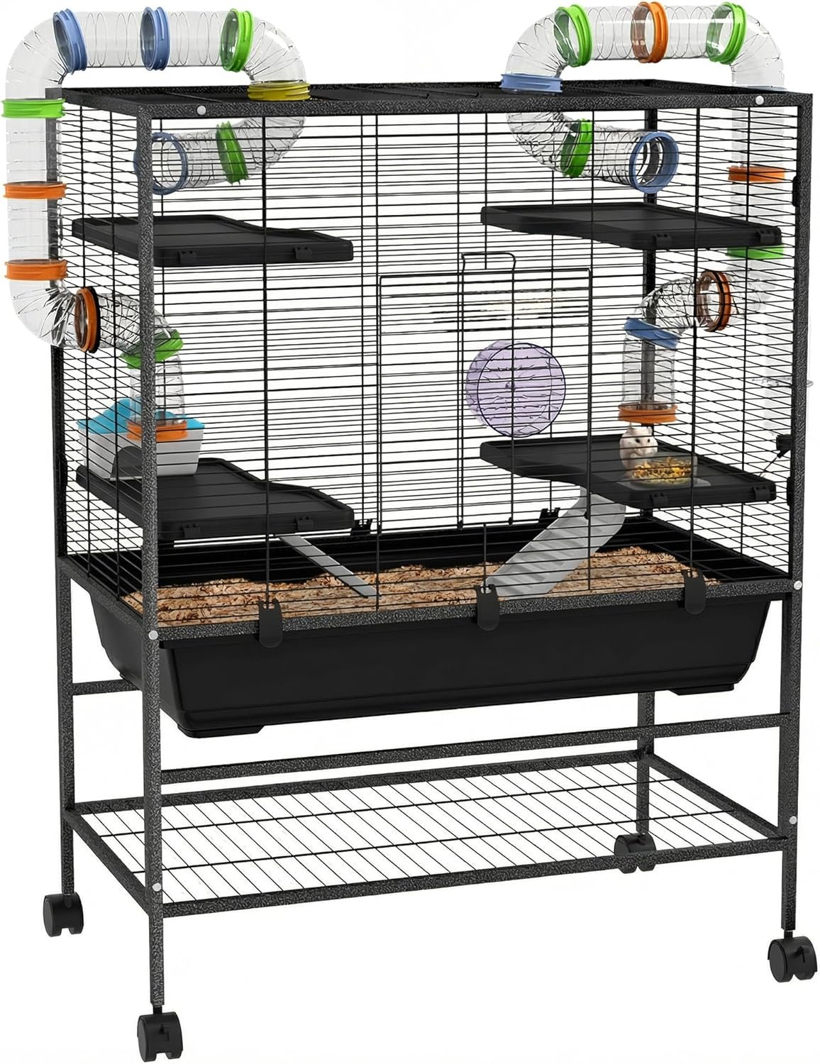 PawHut 32″ Large Hamster Cage with Storage Shelf, Rat Cage for Syrian Hamster, Gerbils, with Tubes, Running Wheel, Food Dish, Water Bottle