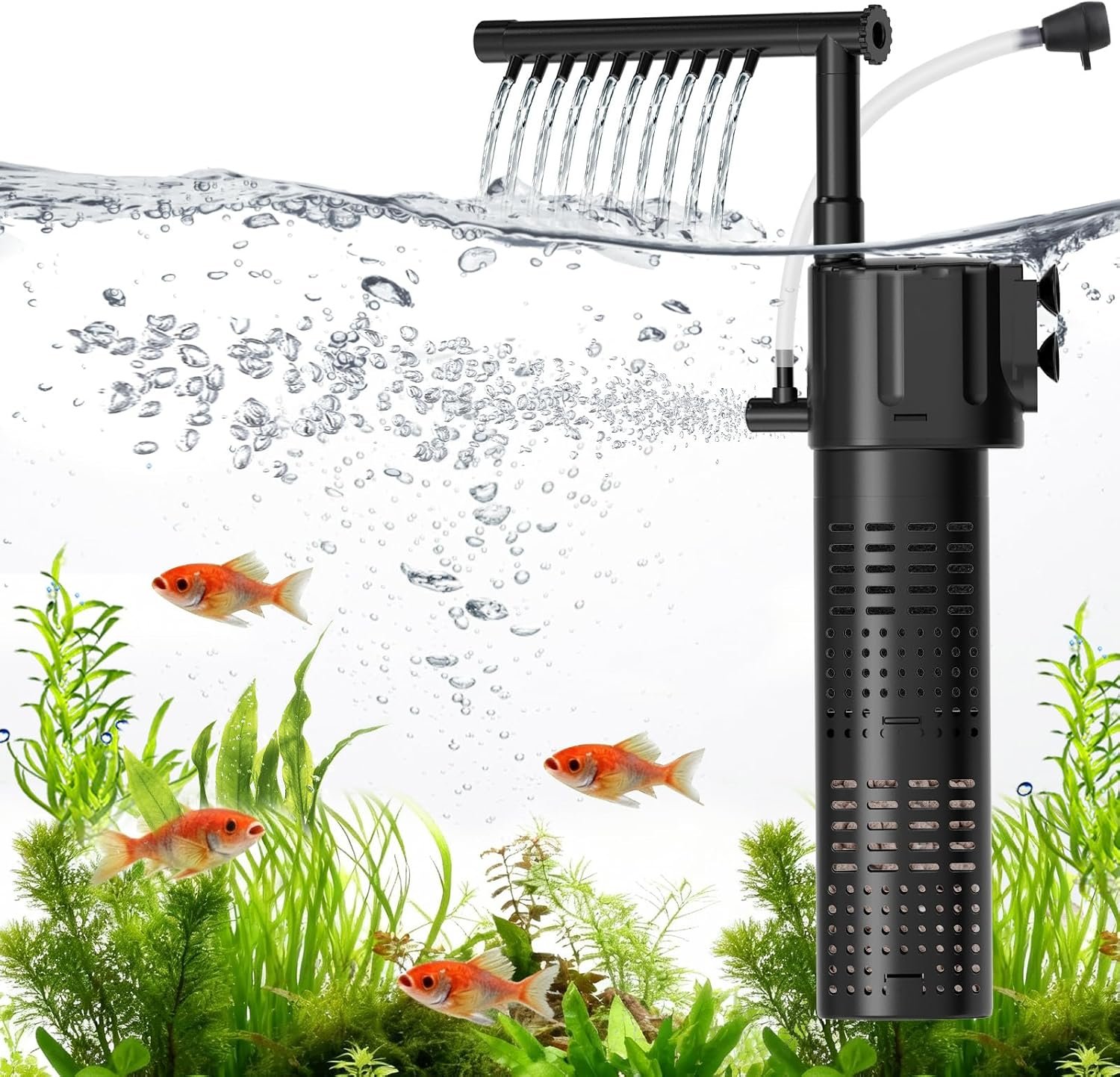 hygger Internal Aquarium Filter, 5-in-1 Submersible Power Fish Tank Filter, Adjustable Wave Maker & Air Bubbler, Quiet Turtle Tank Filter for 5-15 Gallon Freshwater Saltwater, 80GPH, 5W