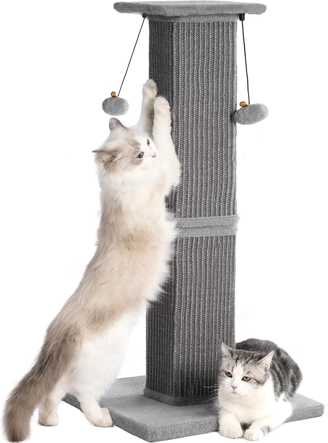 Large Cat Scratching Post with Heavy Duty Base 33″ Sturdy Tall Sisal Scracher Post and 2 Interactive Hanging Balls for Big Cats-Grey
