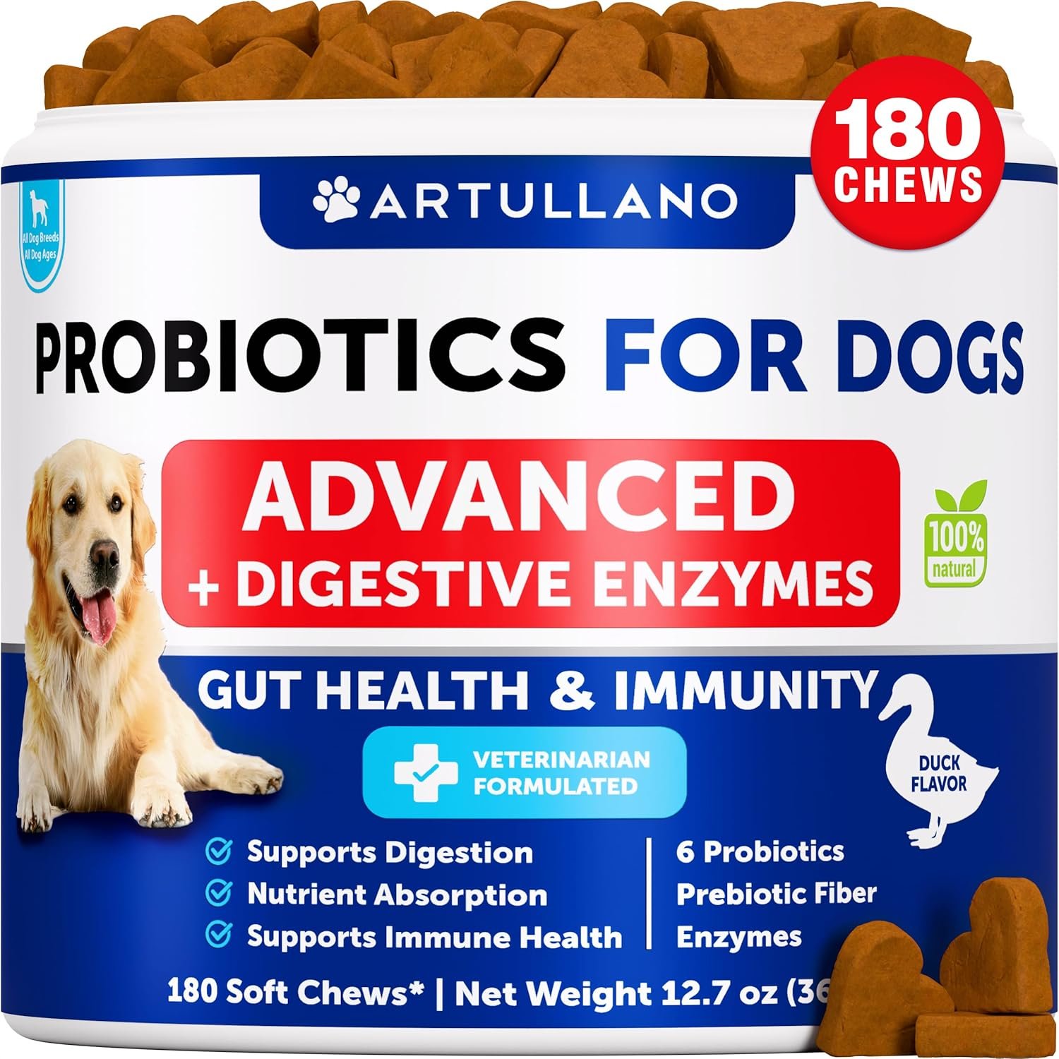 Probiotics for Dogs – Support Gut Health, Itchy Skin, Allergies, Immunity, Yeast Balance – Dog Probiotics and Digestive Enzymes with Prebiotics – Reduce Diarrhea, Gas – 180 Probiotic Chews for Dogs