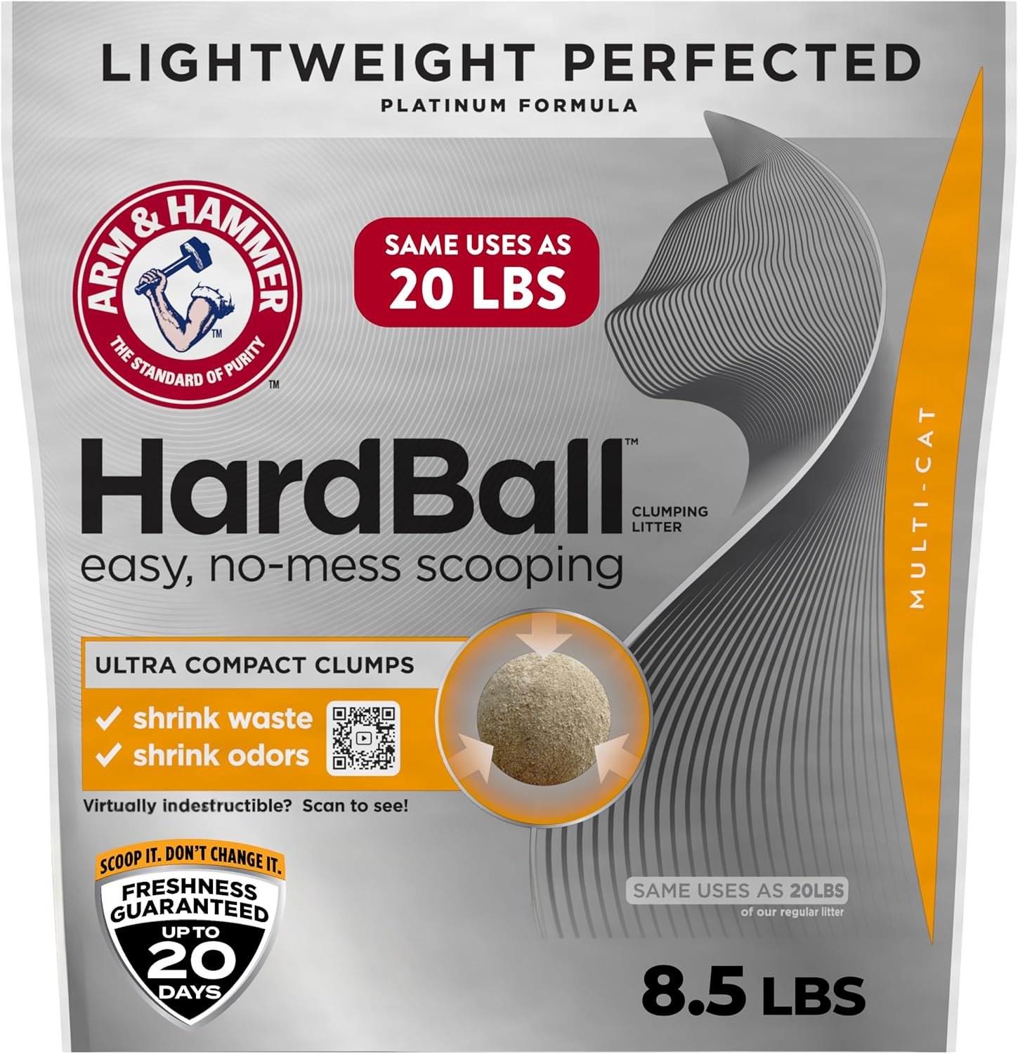 ARM & HAMMER Hardball Lightweight Platinum Multi-Cat Clumping Cat Litter Odor Control, Easy No-Mess Scooping, Garden Bloom Scent, 8.5 Lbs.