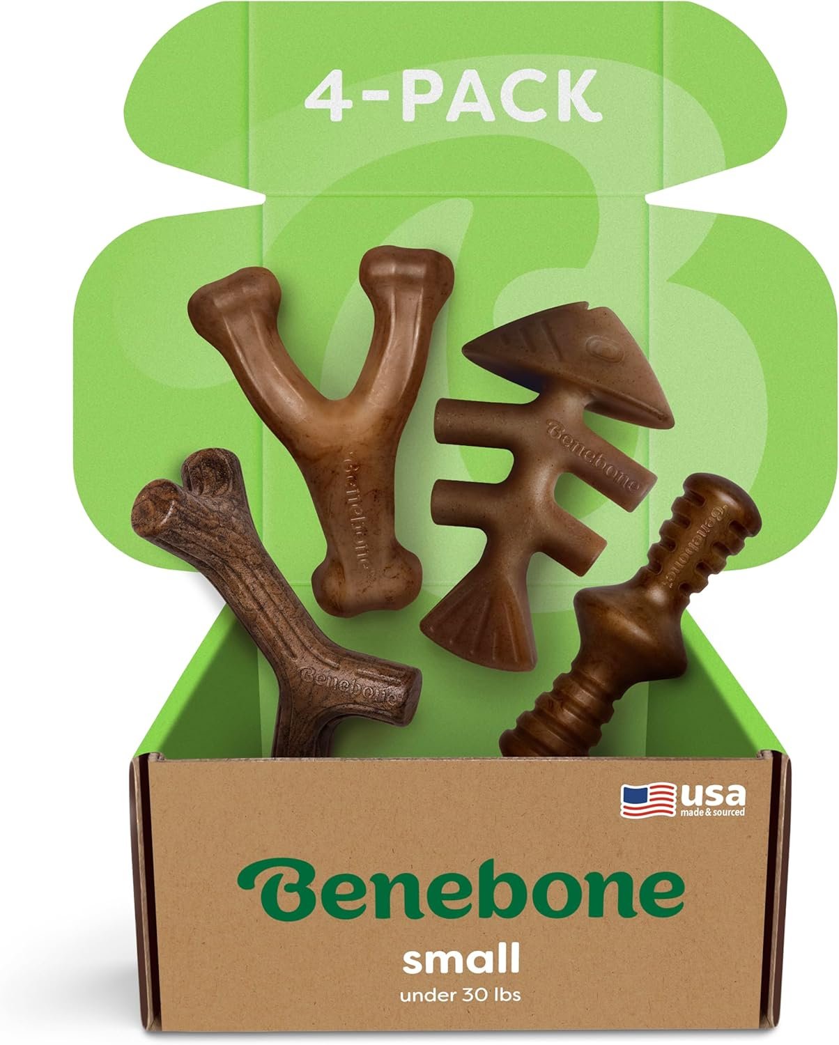 Benebone Small 4-Pack Dog Toys for Aggressive Chewers – Durable Dog Bones, Made in USA – Dog Toys for Small Dogs Under 30 lbs
