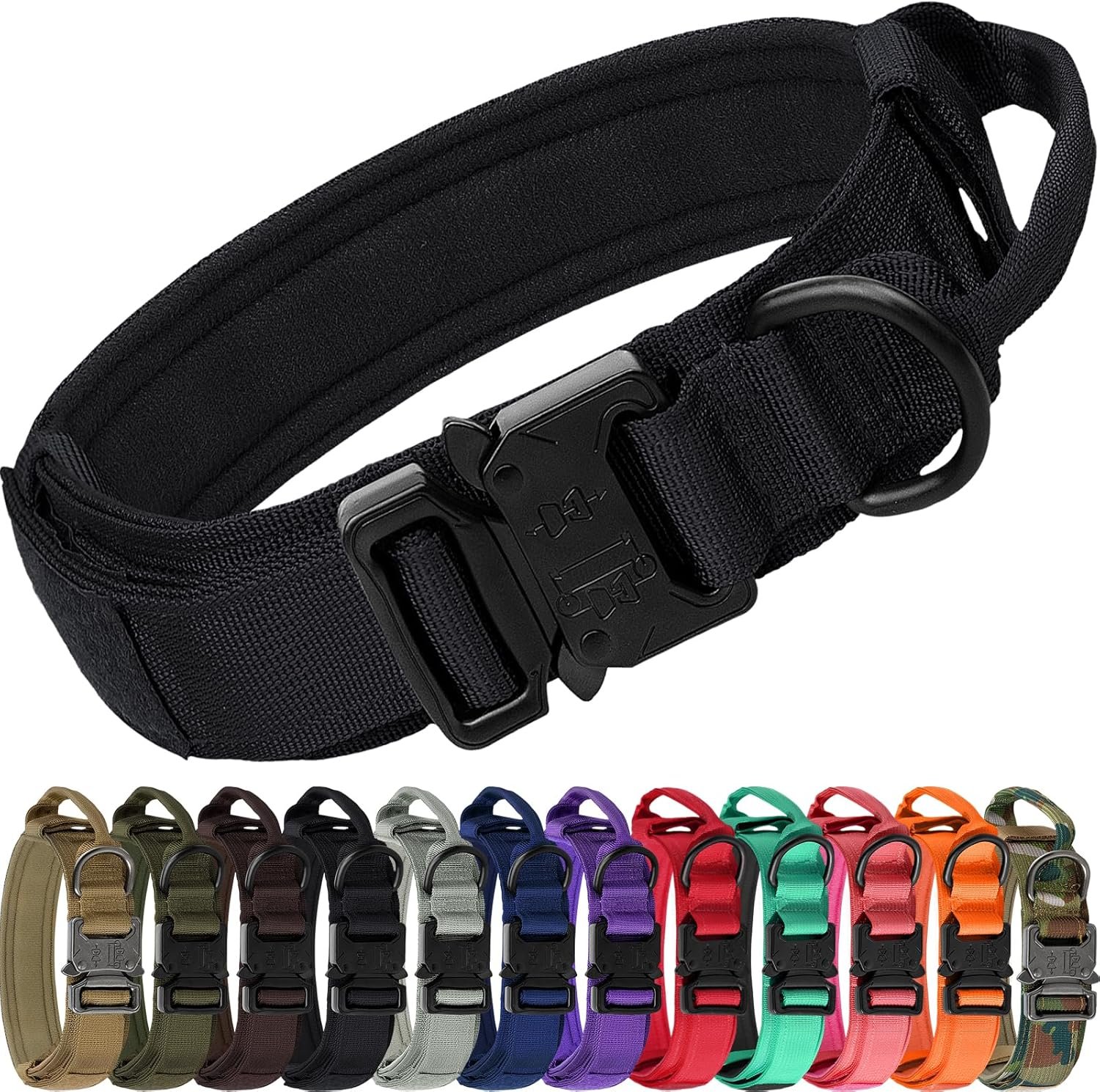Joytale Tactical Dog Collar with Handle and Metal Buckle, Heavy Duty Padded Military Collar with 2 Patches for Training, Adjustable for Large Dogs, Black, L