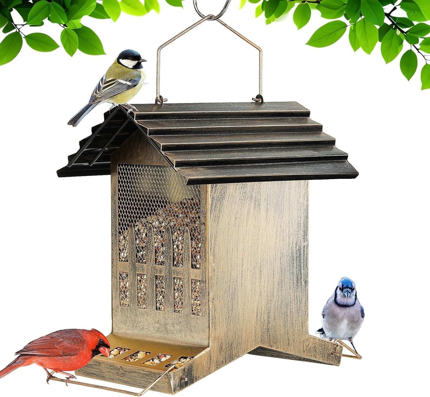 Bird Feeder, Squirrel Proof Metal Bird Feeder Outdoor for Wild Bird Seed, Chew-Proof Weatherproof Large 6 Lbs Capacity with 2-Side Feeding
