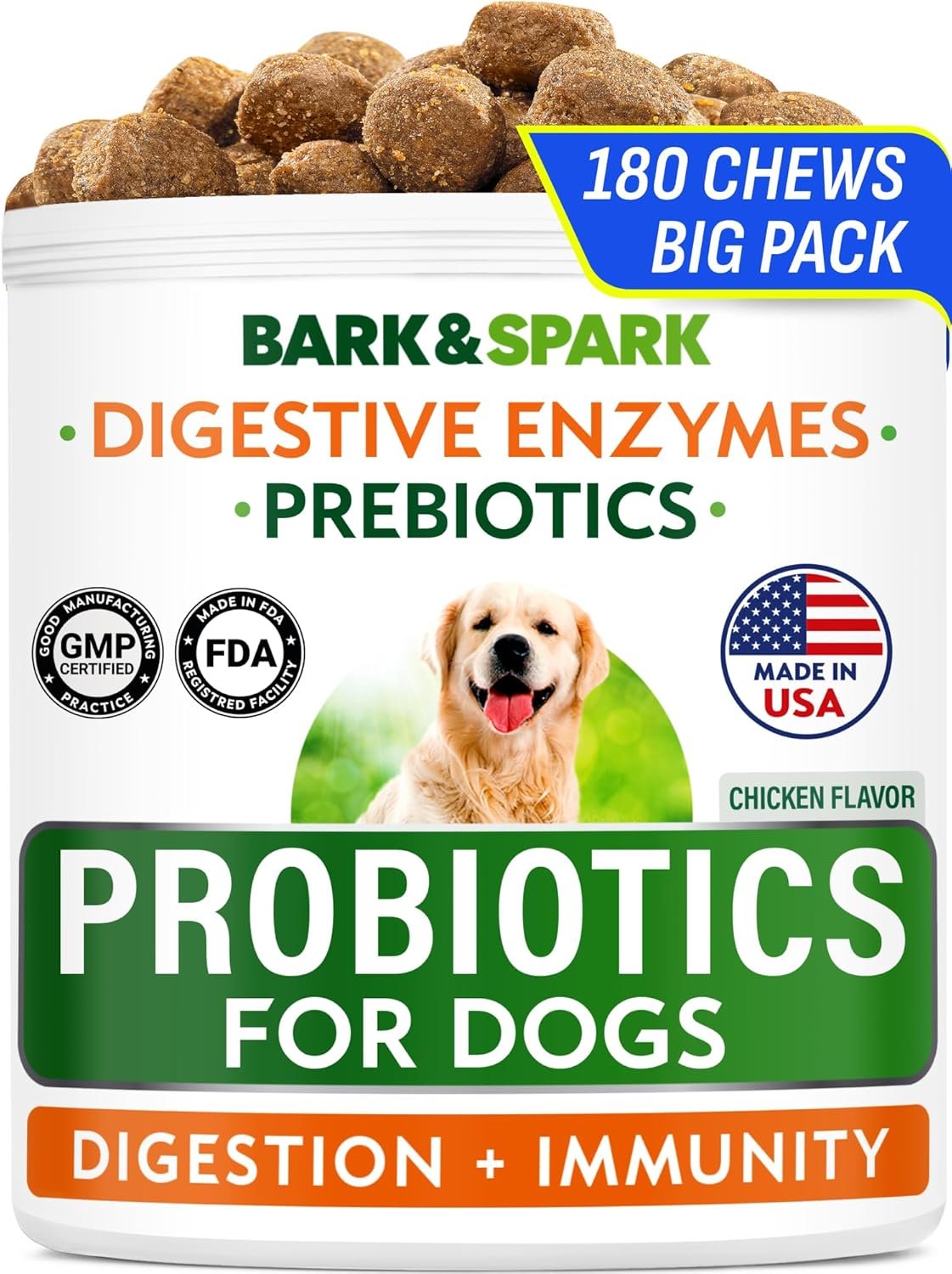 BARK&SPARK Dog Probiotics & Digestive Enzymes (Gut Health) Allergy & Itchy Skin – Pet Diarrhea Gas Treatment Upset Stomach Relief, Digestion Health Prebiotic Supplement Tummy Treat (180Ct Chicken)