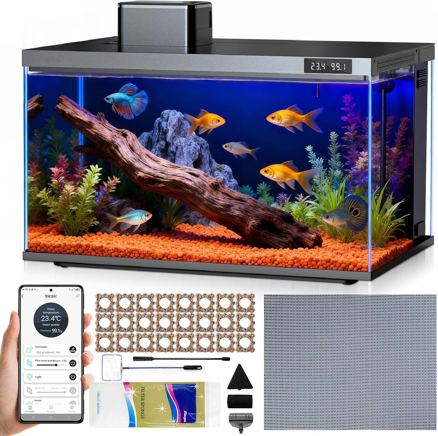 Fish Tank, 10 Gallon Smart Fish Aquarium Kit, Includes Quiet Pump, Filtration and LED Lighting, Smart Control with Apps, Perfect for Betta, Small Fish, All-in-One Beta Tank for Beginners, Glass
