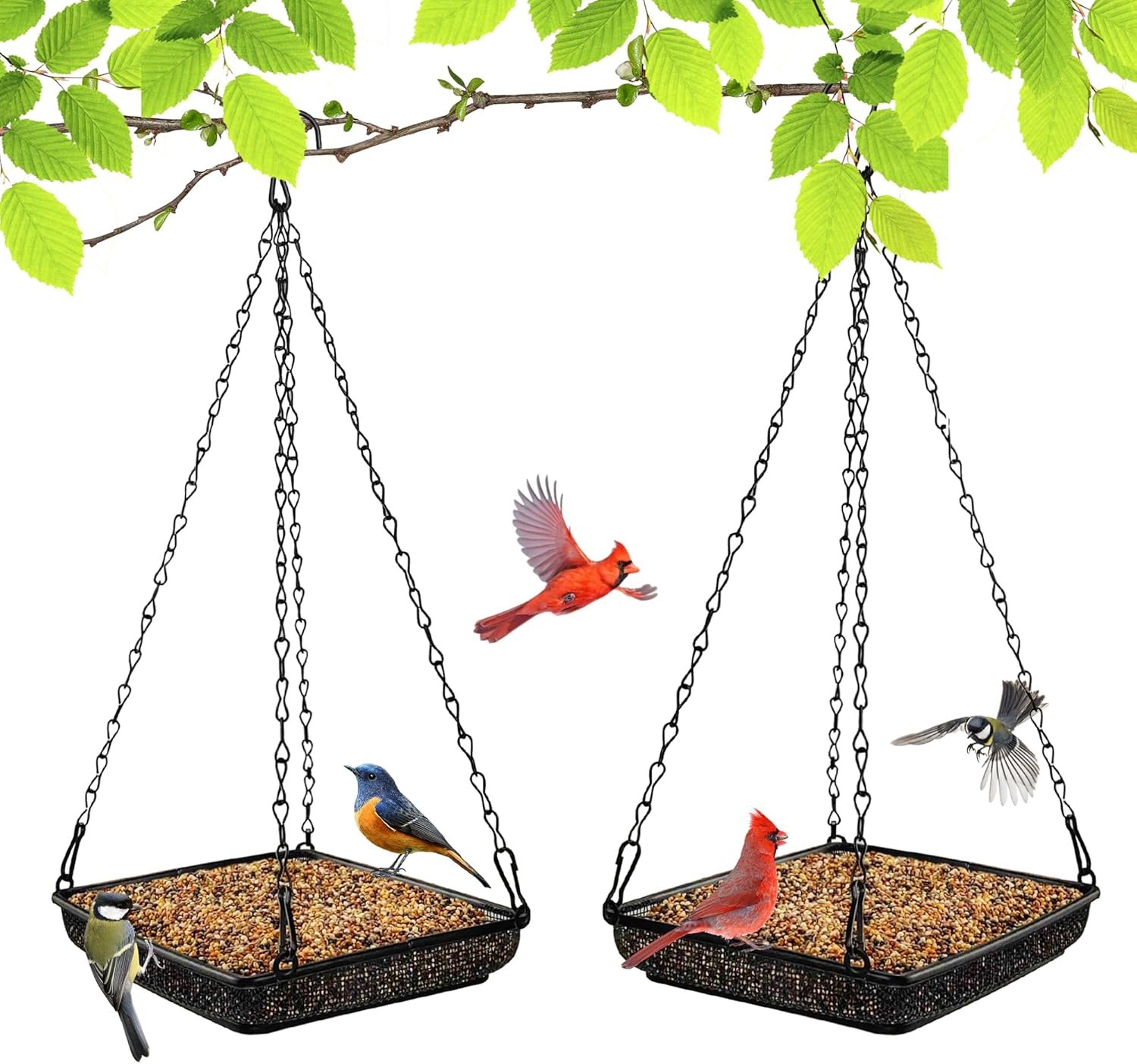 MIXXIDEA Hanging Bird Feeder Tray Metal Mesh Platform Seed Feeder with Durable Chains for Outdoors Garden Great for Attracting Birds (2 Pack)