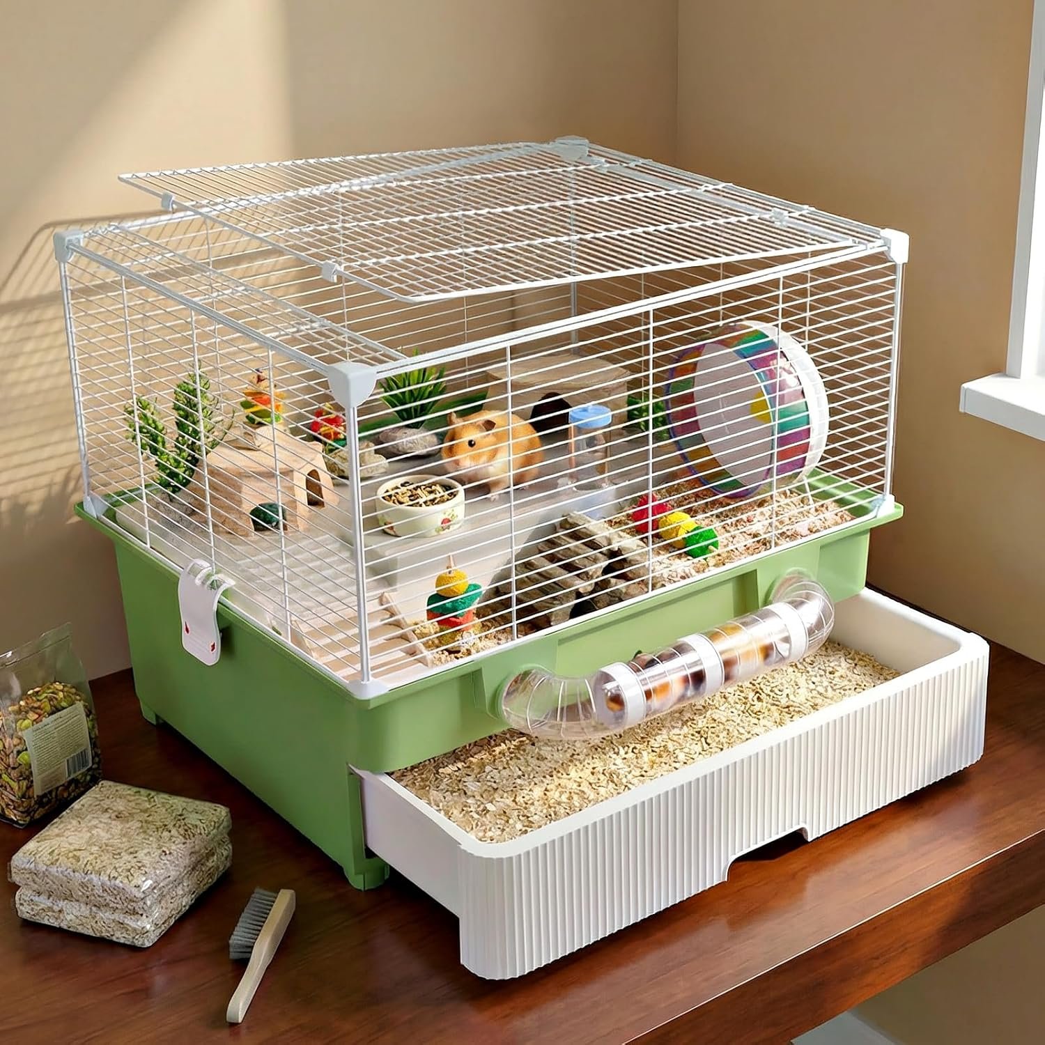 Oneluck 22.4” Chew-Proof Metal Hamster Cage, Drawer-Style with Easy Clean,Small Animal Habitats for Syrian Hamster,Gerbil, Mice(Green)