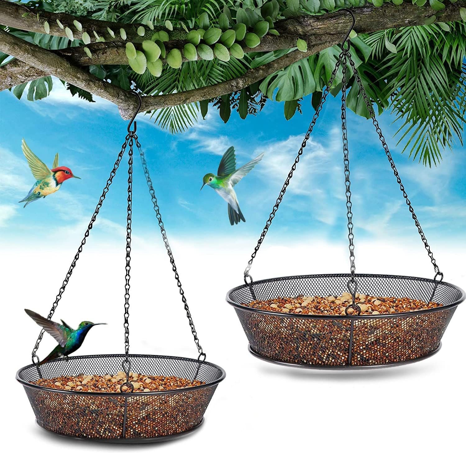 2 Pack Hanging Bird Feeder, Bird Feeder for Garden Yard Outside Hanging Feeder Tray – Metal Mesh Platform Feeders for Outside Outdoors for Attracting Birds