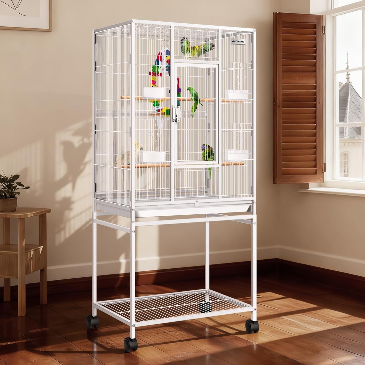 VIVOHOME 54 Inch Wrought Iron Large Bird Flight Cage with Rolling Stand for Parakeets Canaries Cockatiels Lovebirds Conures, White