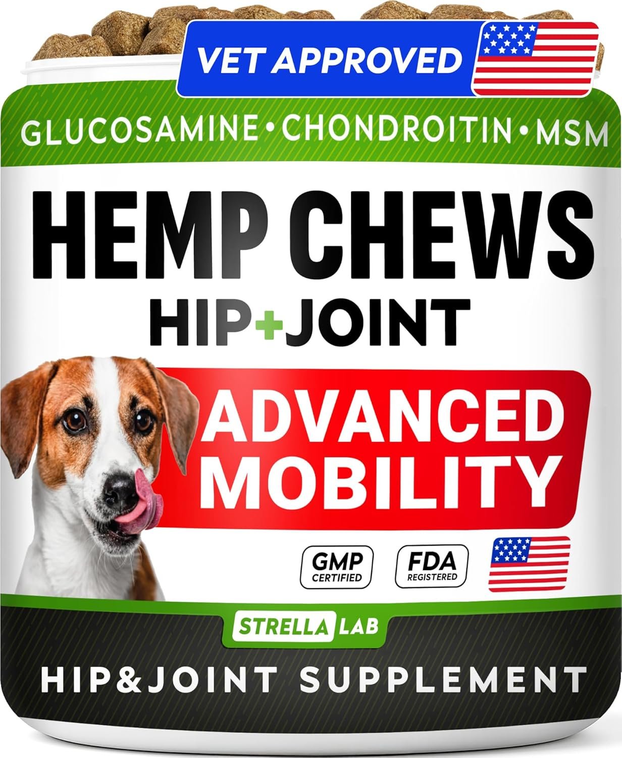 Hemp Chews for Dogs – Hip & Joint Supplement with Glucosamine – Joint Pain Relief Treats – Omega 3, Chondroitin, MSM – Advanced Mobility Support – Chicken Flavor – 120 Ct – Made in USA