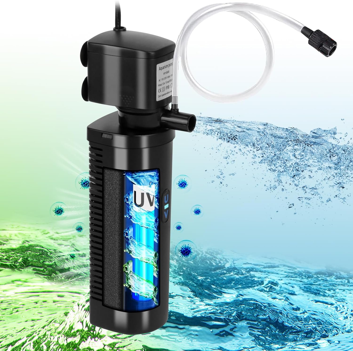 TARARIUM Aquarium Filter U-V for 20-75 Gallon, 200GPH Fish Tank Filter w/ 5W U-V Light Green Clean Machine Submersible Powerful Pump Internal Filter for Turtle Tank Saltwater Freshwater Crystal Clear