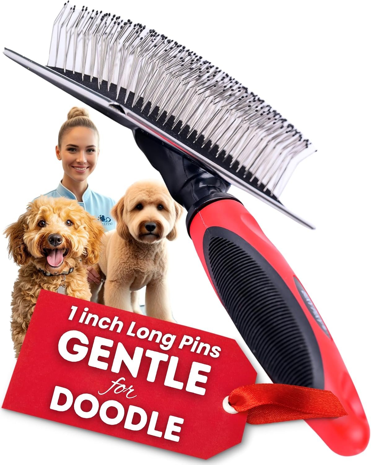 Dog Slicker Brush – Large – Protective Ball Tipped Pins Massages Pet Skin – Professional Groomer Dog Brush for Goldendoodle – Golden Retriever Brush (Large Size)