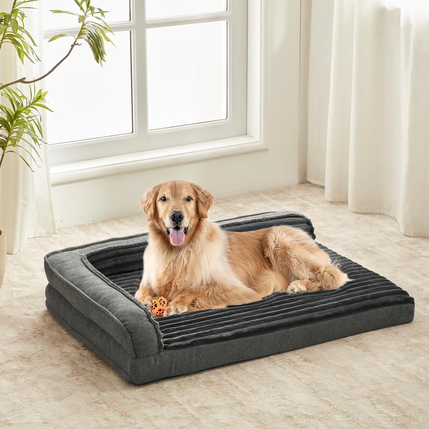 WINDRACING Orthopedic Dog Beds for Large Dogs 40×28 inch, L Shape Waterproof Dog Bed with Bolster Sides, Washable Big Pet Bed with Removable Cover & Non-Slip Bottom, Gray