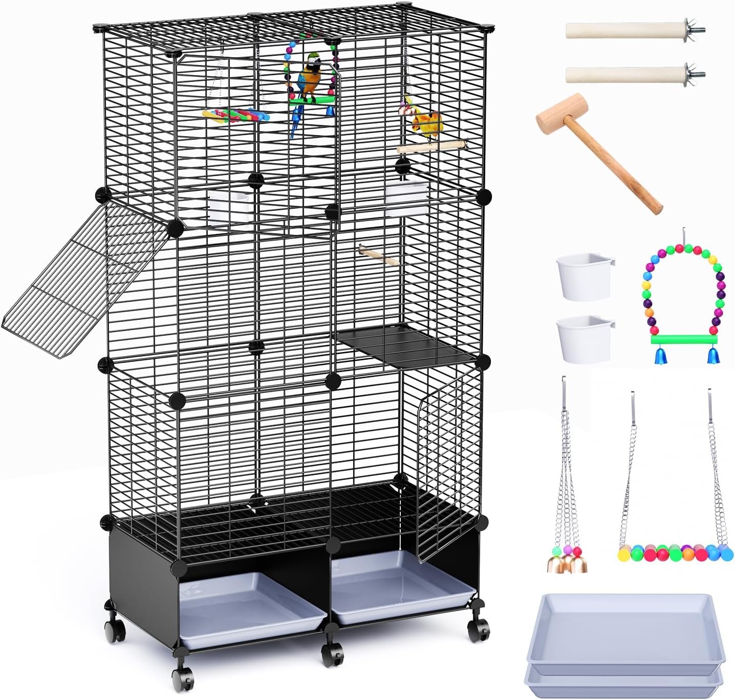 Flight Bird Cage with Wheels, 46-Inch Metal Parakeet Cage with Slide-Out Trays, Perches, Bowls & Bird Toys, Indoor Bird Cage for Cockatiel, Budgie, Lovebird, Finch & Small Birds