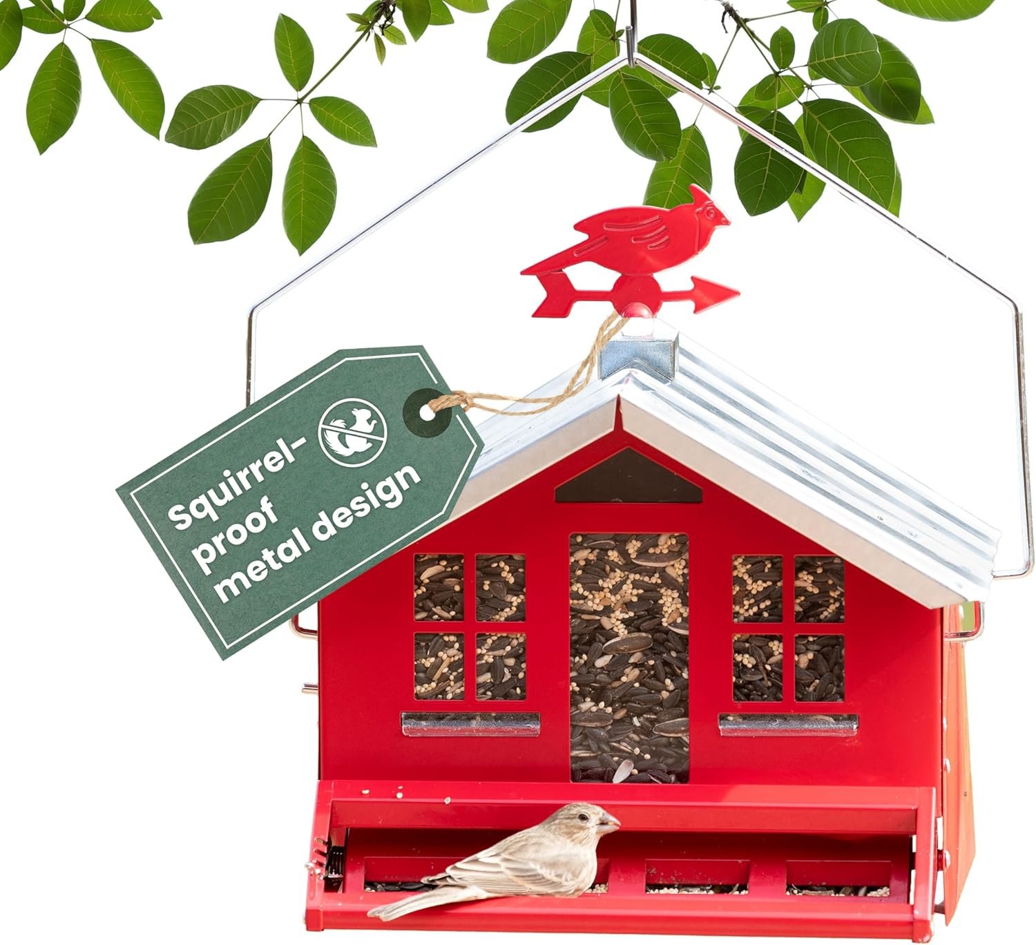Perky-Pet Squirrel-Be-Gone II Country House Bird Feeder with Weathervane – 8 lb Seed Capacity – Squirrel Proof Wild Bird Feeder for Outdoors – Durable Construction – Rustic Outdoor Decor – 338, Red